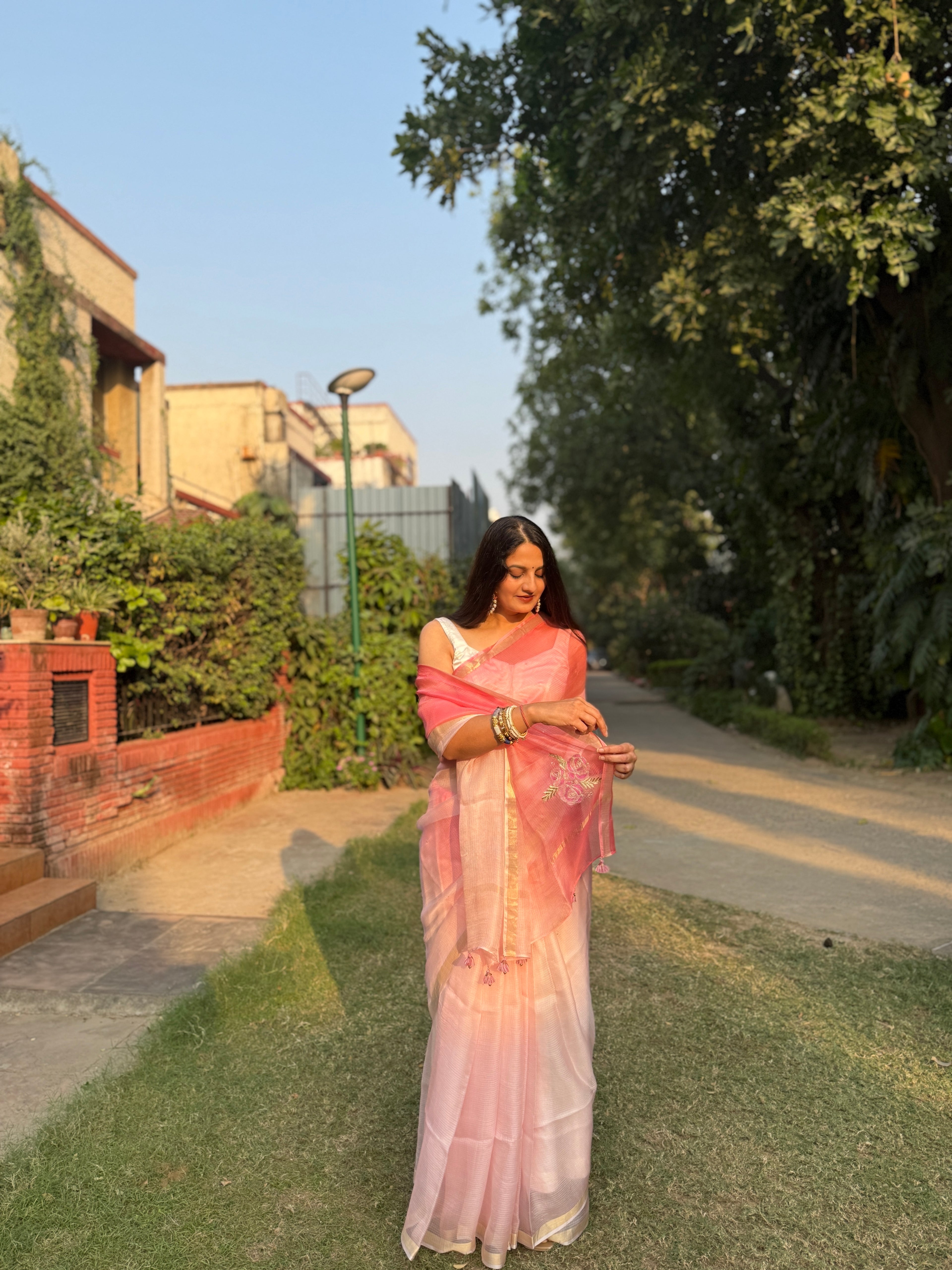 Sitaara | Pink Ombre Embroidered Kota Silk Saree