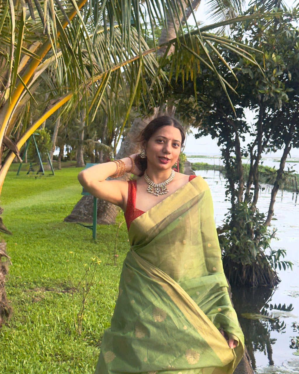 Amli | Olive Green Chanderi Silk Saree