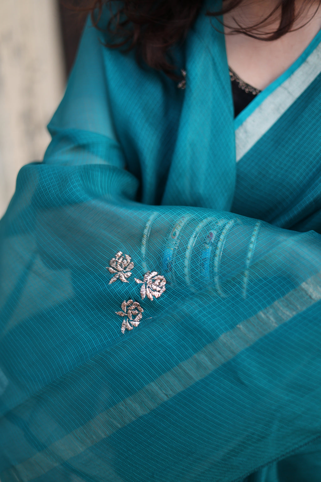 Sharara | Teal Blue Embroidered Kota Silk Saree
