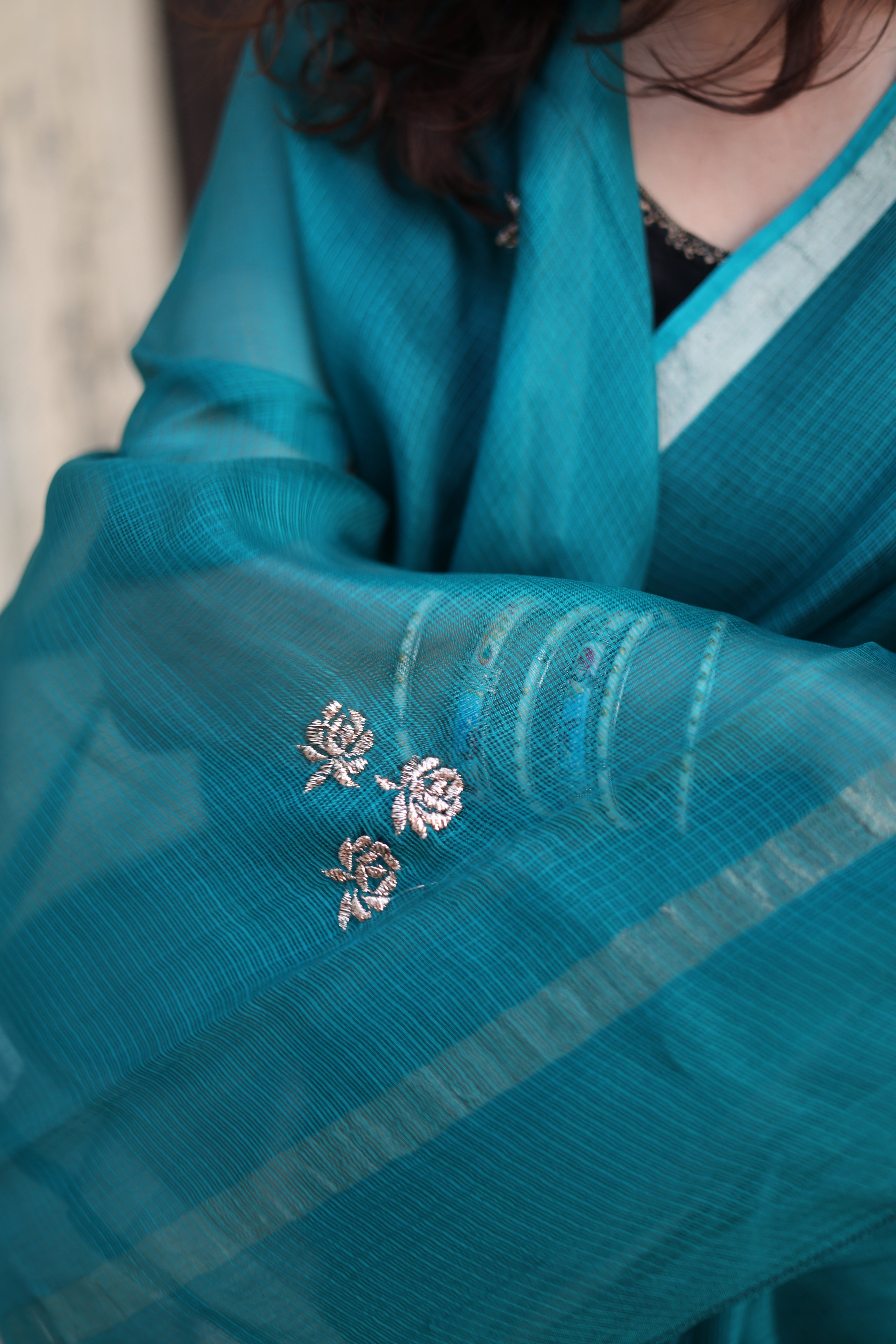 Sharara | Teal Blue Embroidered Kota Silk Saree