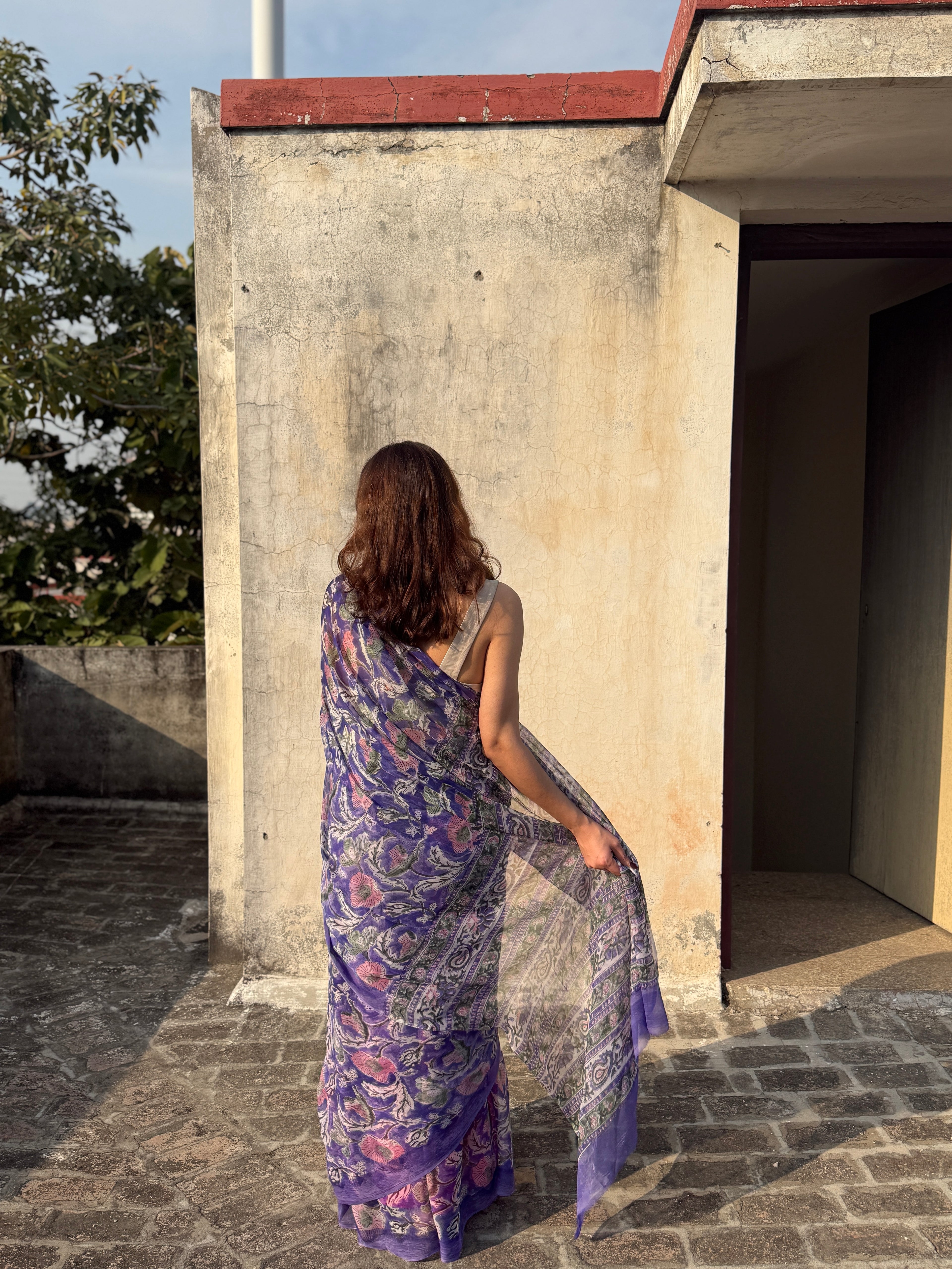 Purple Floral Chiffon Saree