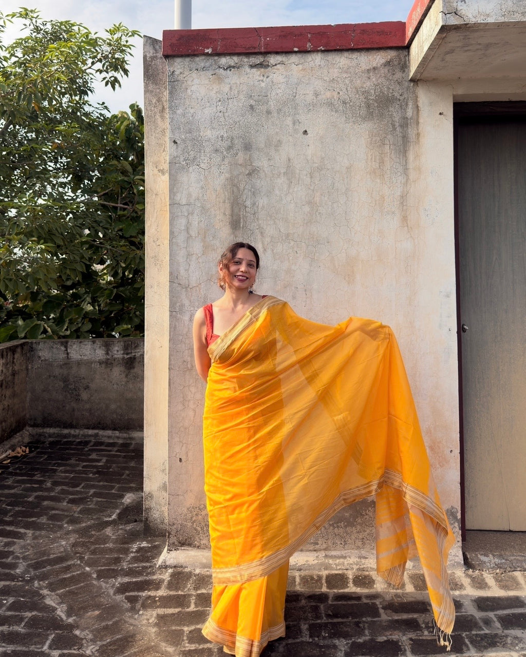 Nimrat | Haldi Yellow Maheshwari Saree