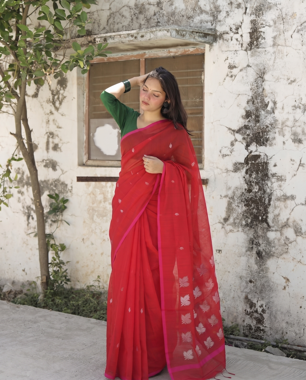 Devi | Red Chanderi Saree with Silver Bootis