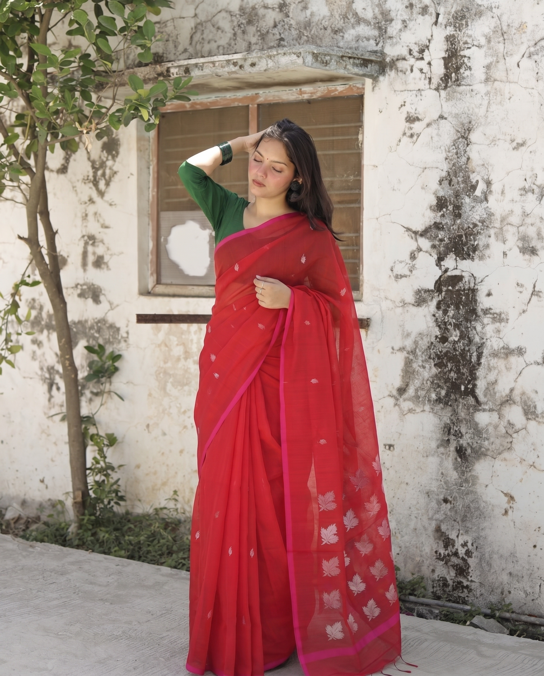 Devi | Red Chanderi Saree with Silver Bootis