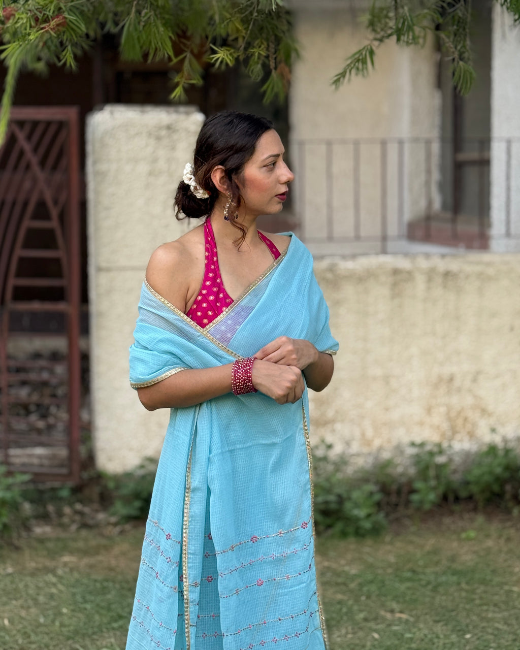 Jhumki | Blue Embroidered Kota Doria Saree