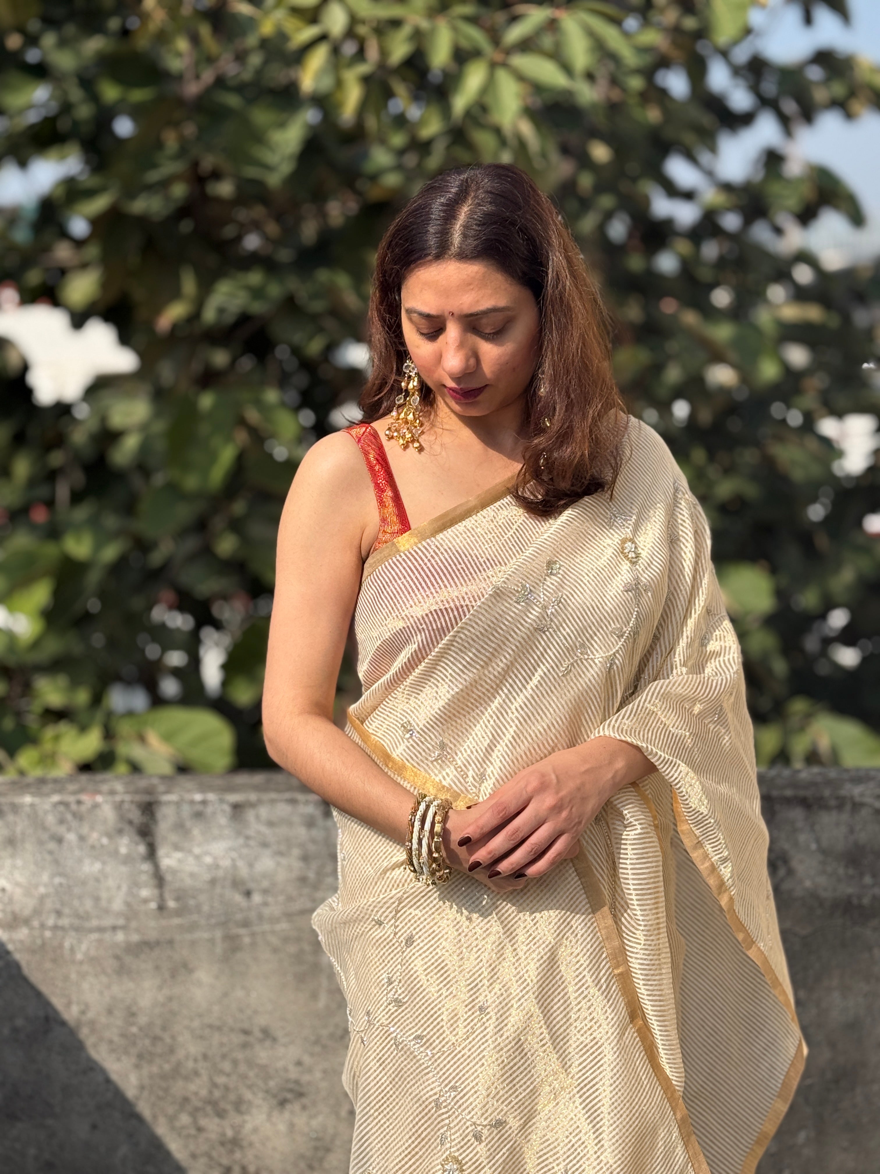 Sunehri | Ivory Golden Viscose Organza & Silk Zari saree
