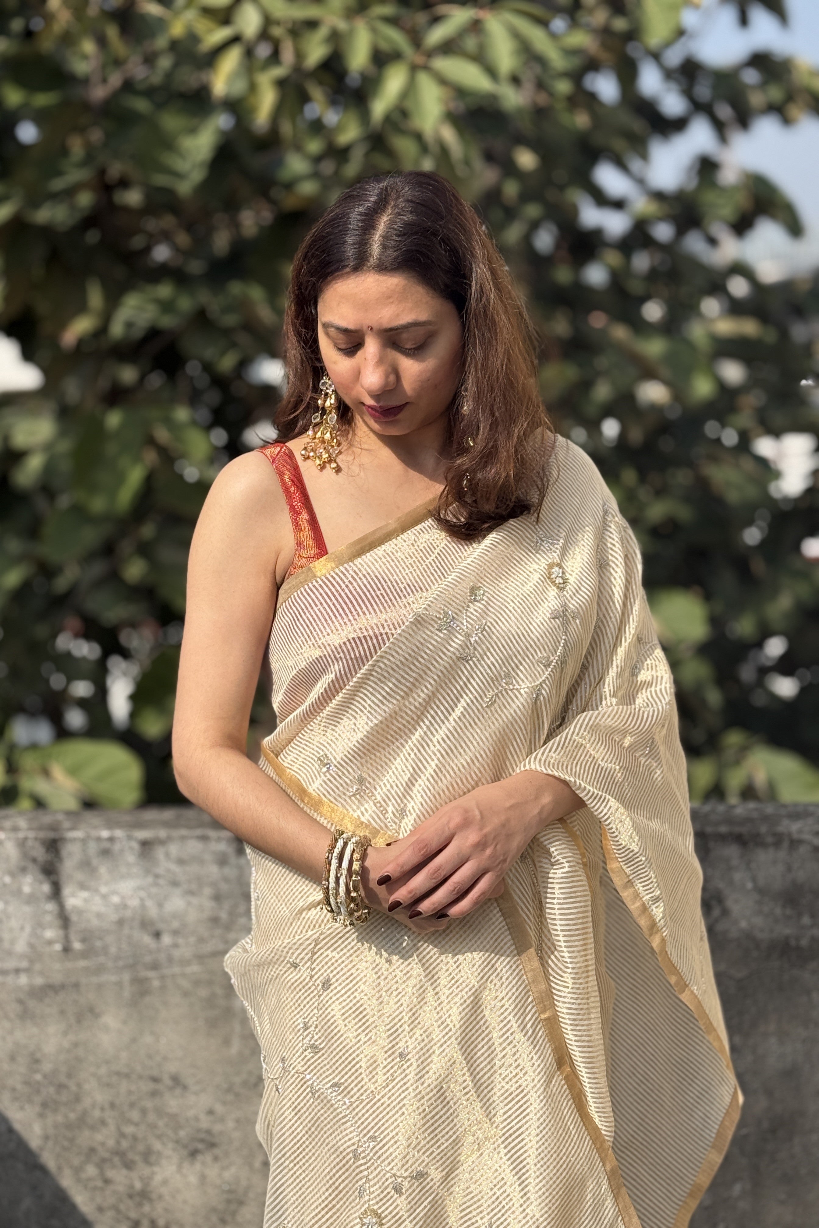 Sunehri | Ivory Golden Viscose Organza & Silk Zari saree