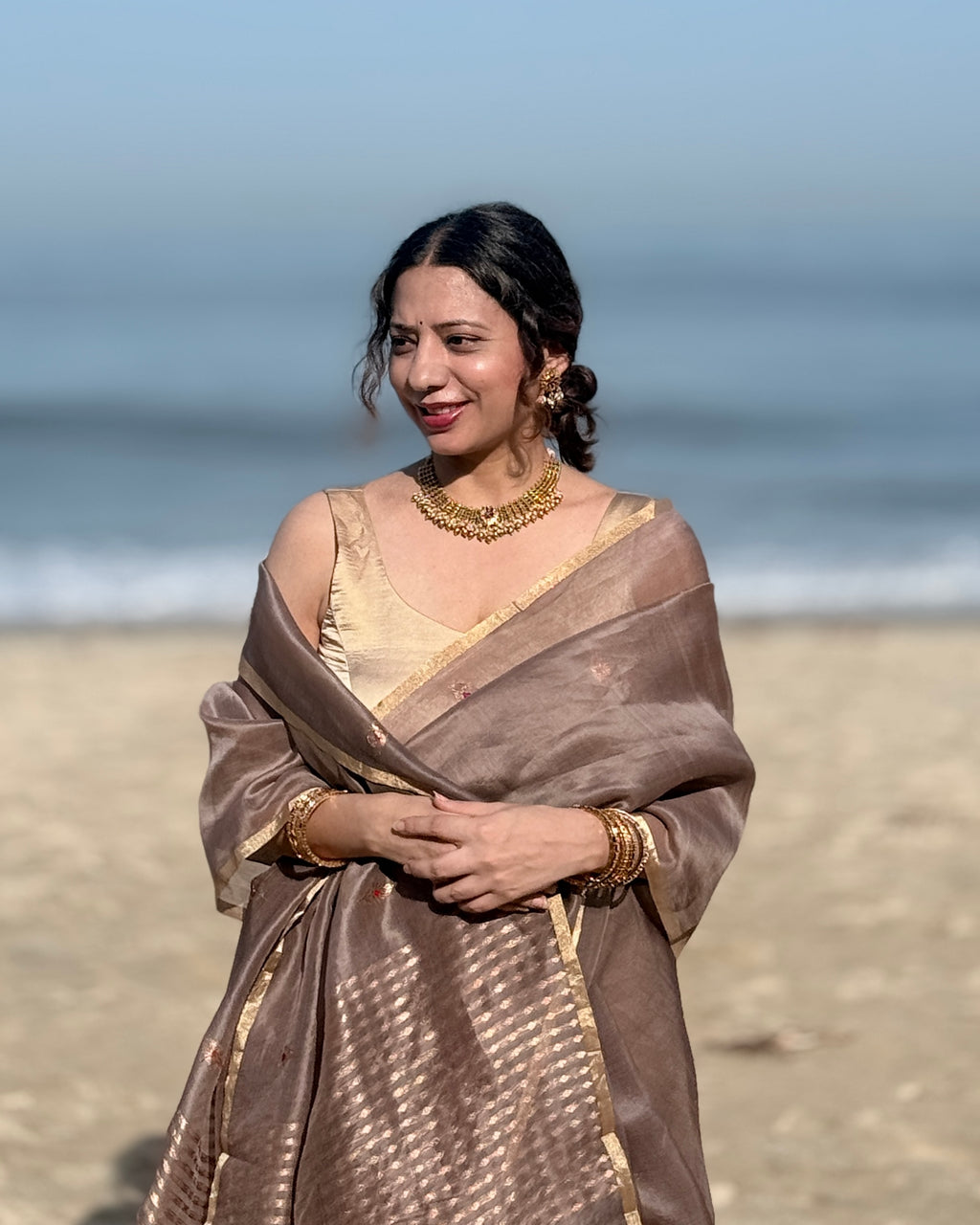 Naina | Brown Handloom Banarasi Kora Silk Saree