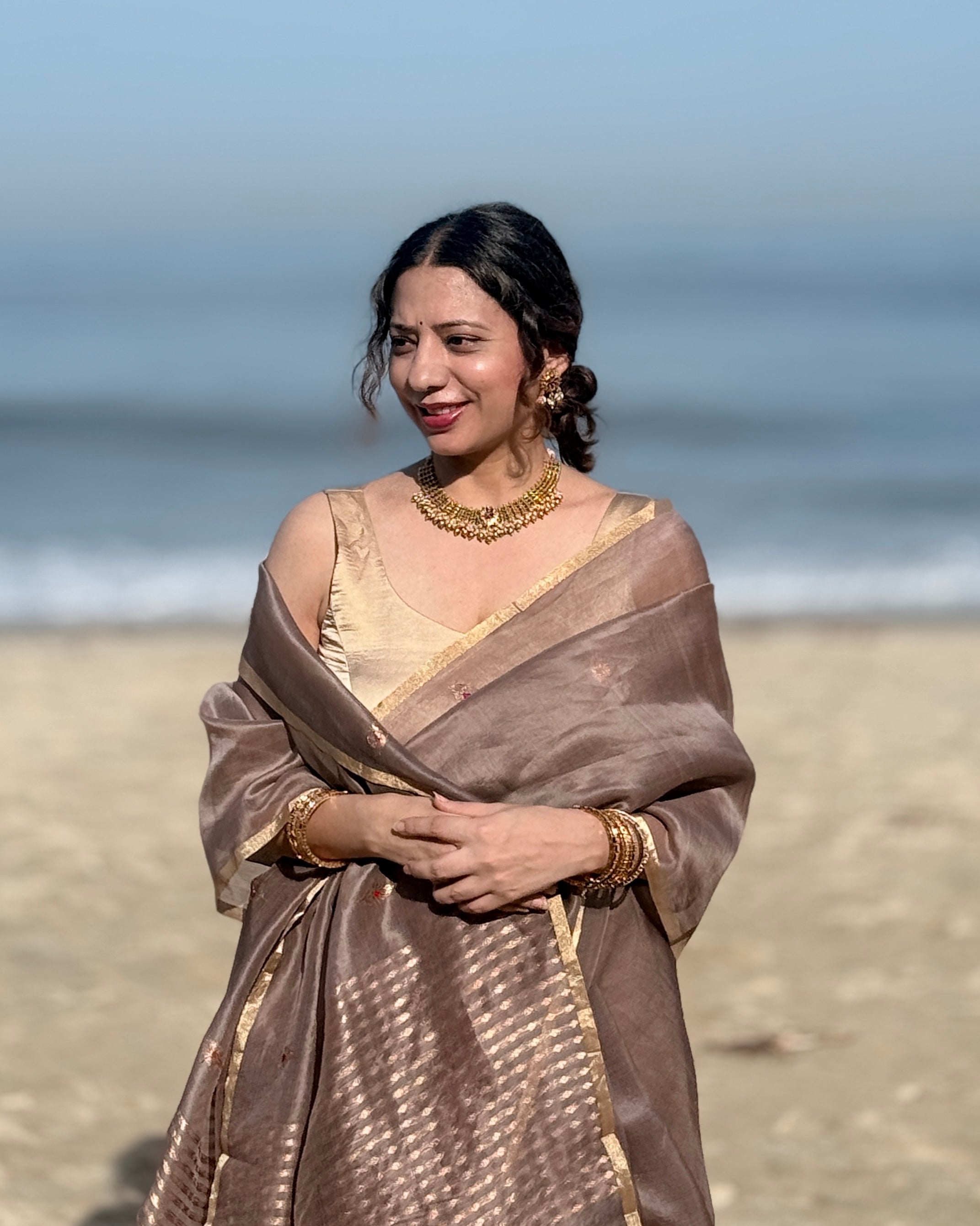 Naina | Brown Handloom Banarasi Kora Silk Saree