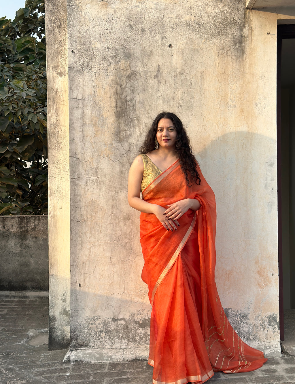 Mehr | Orange Embroidered Kota Silk Saree