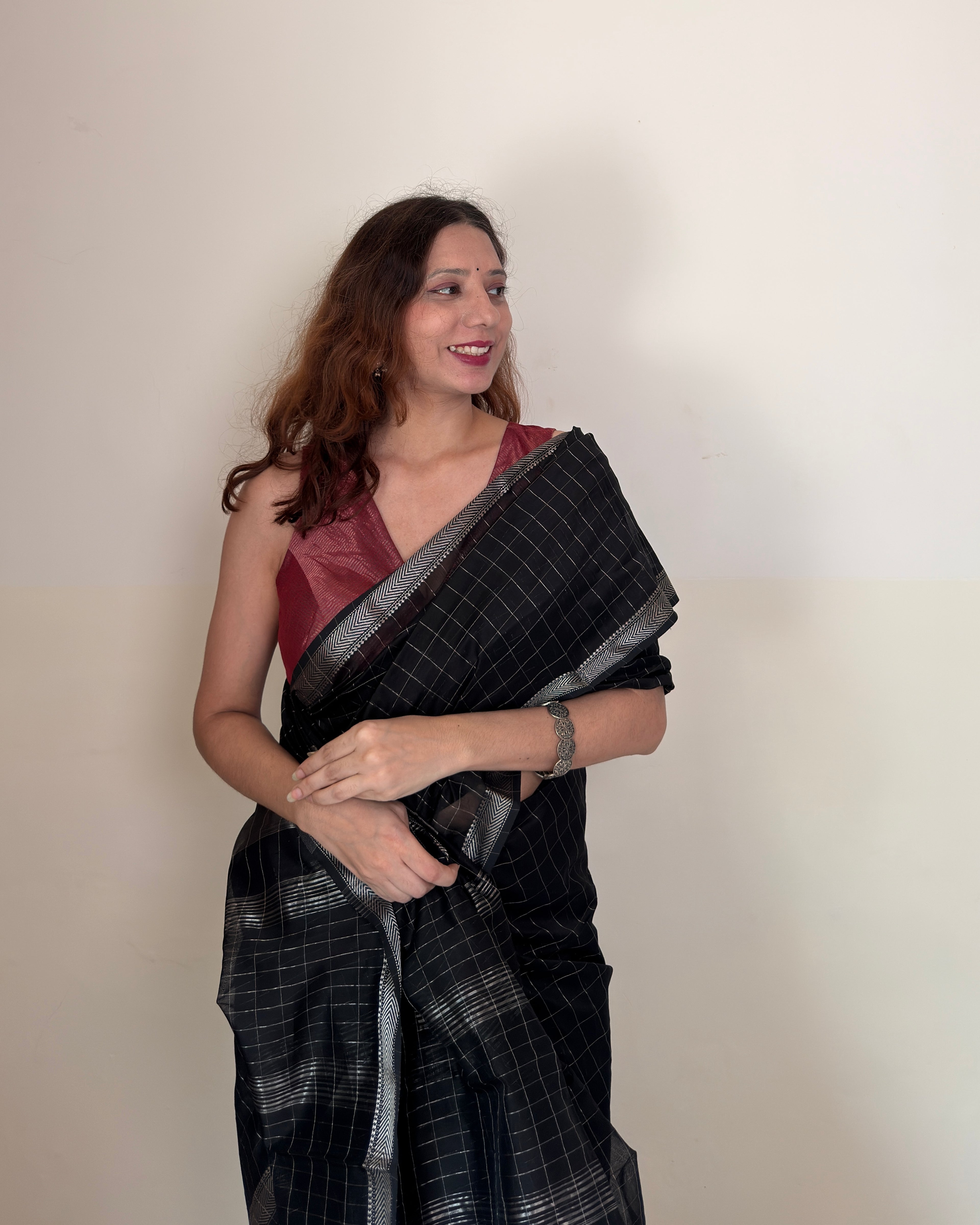 Chandni | Black Maheshwari Saree with Silver Checks