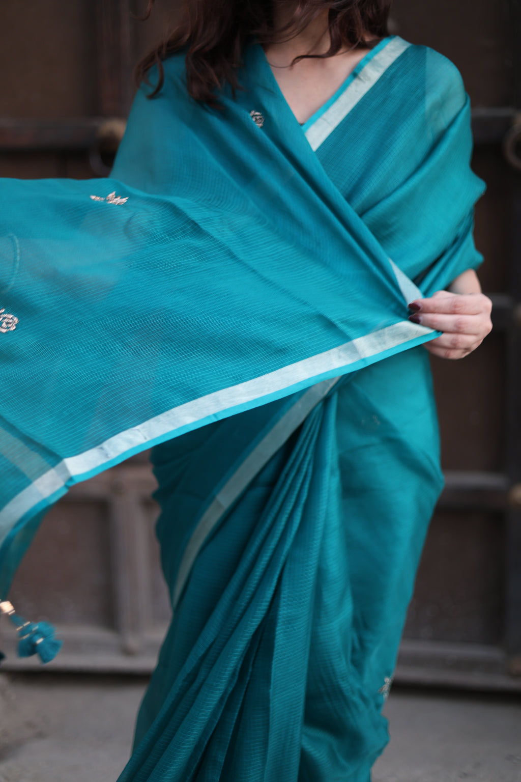 Sharara | Teal Blue Embroidered Kota Silk Saree
