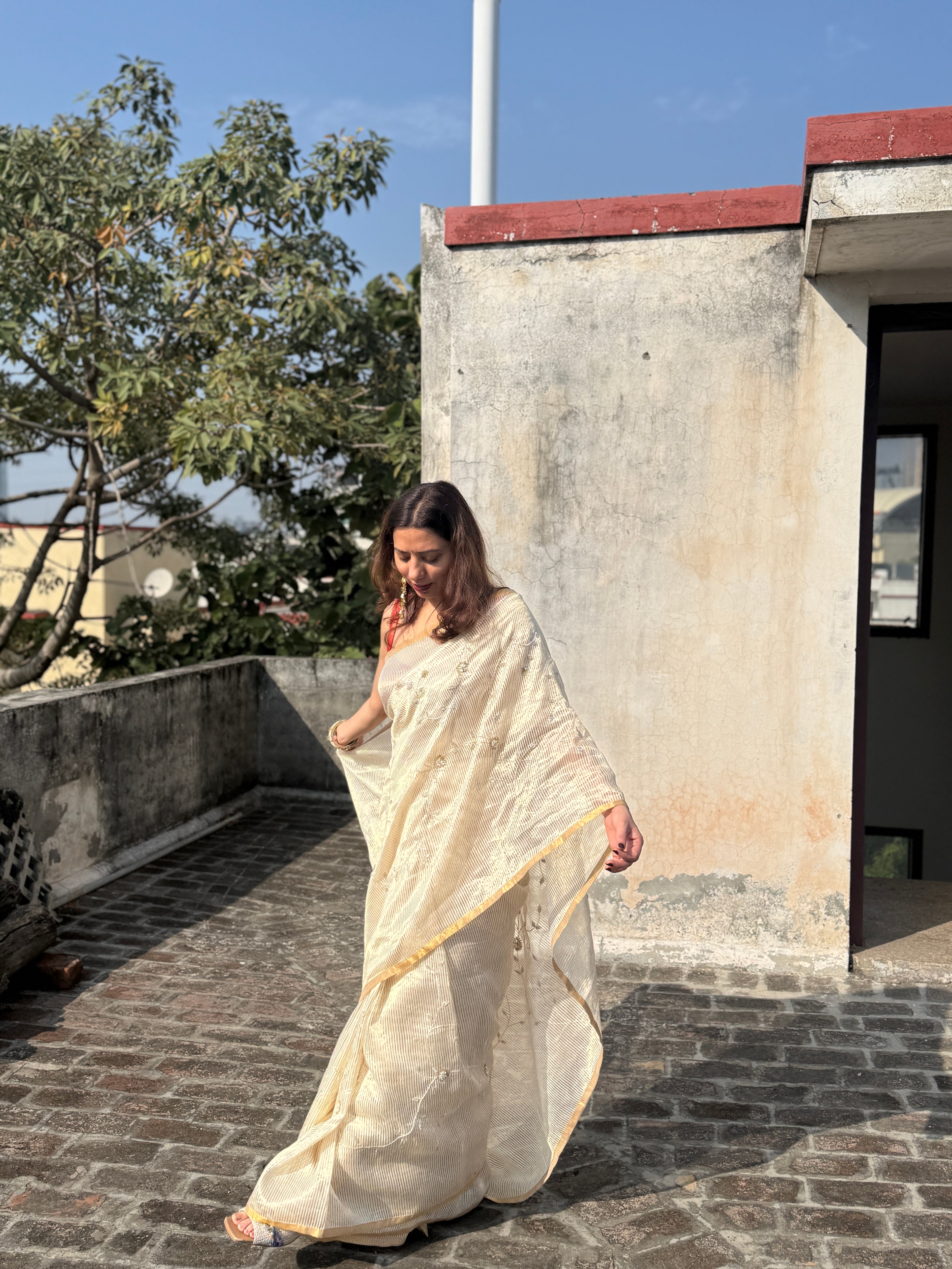 Sunehri | Ivory Golden Viscose Organza & Silk Zari saree