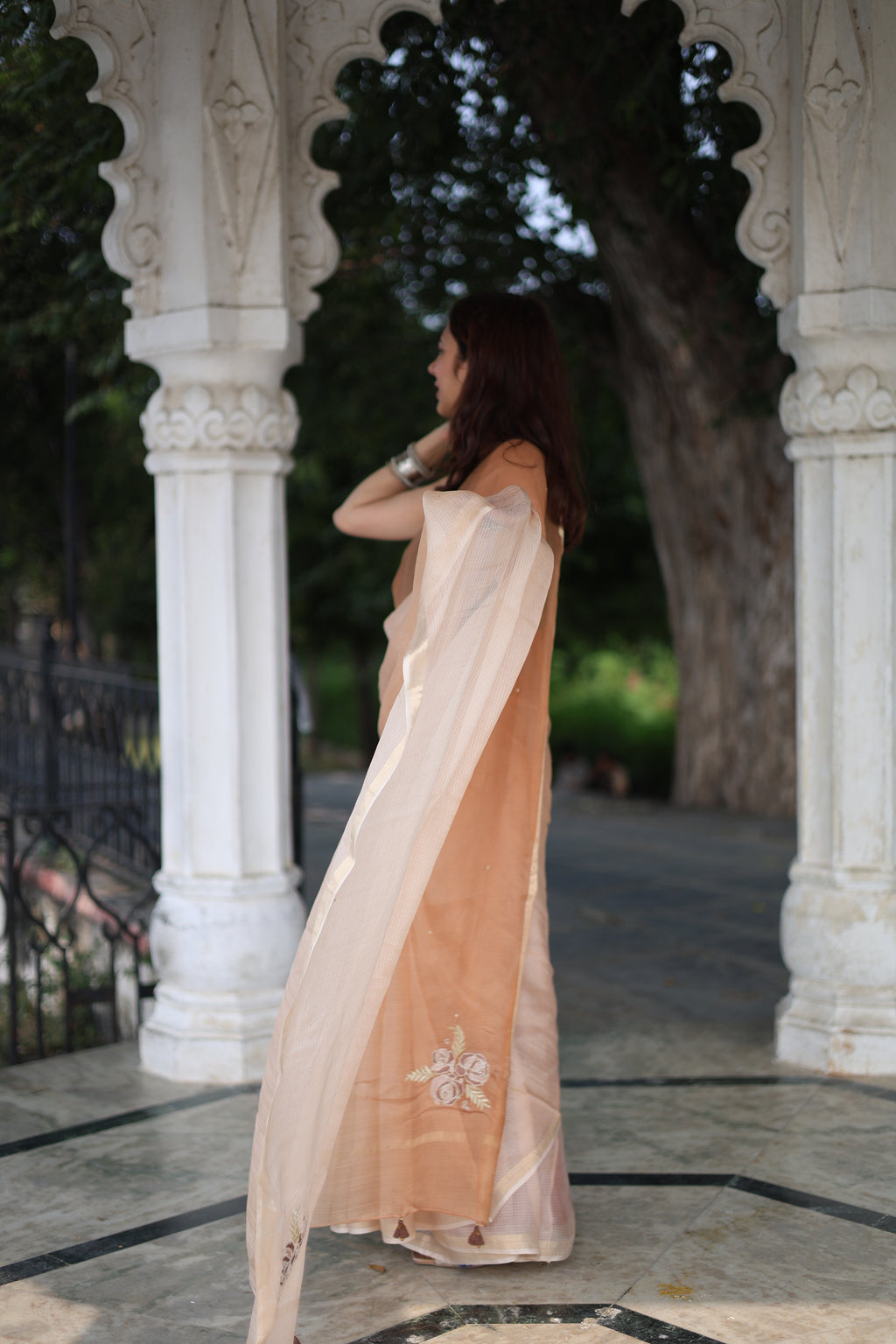 Sitaara | Tan Brown Ombre Embroidered Kota Silk Saree