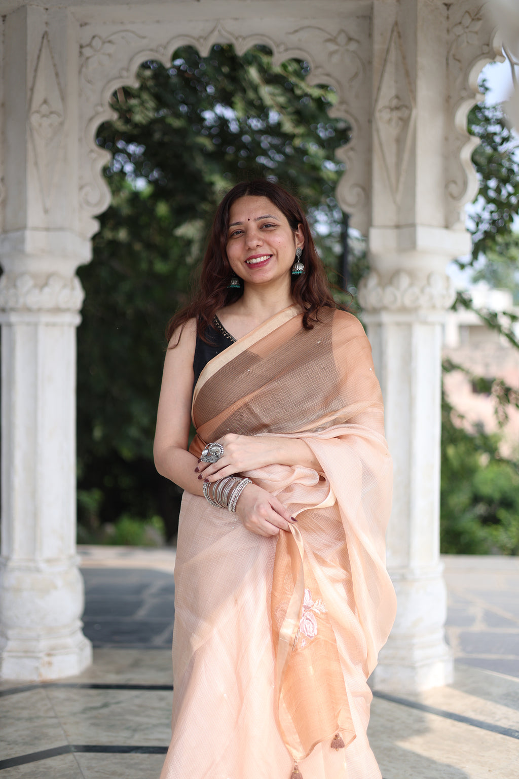 Tan Brown Ombre Embroidered Kota Silk Saree