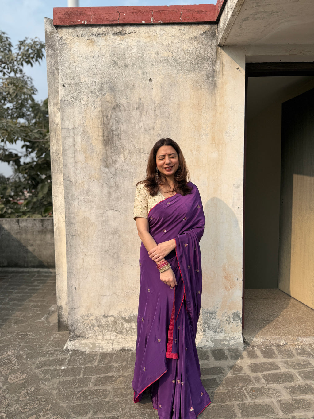 Jamun | Purple Viscose Crepe Hand Embroidered saree