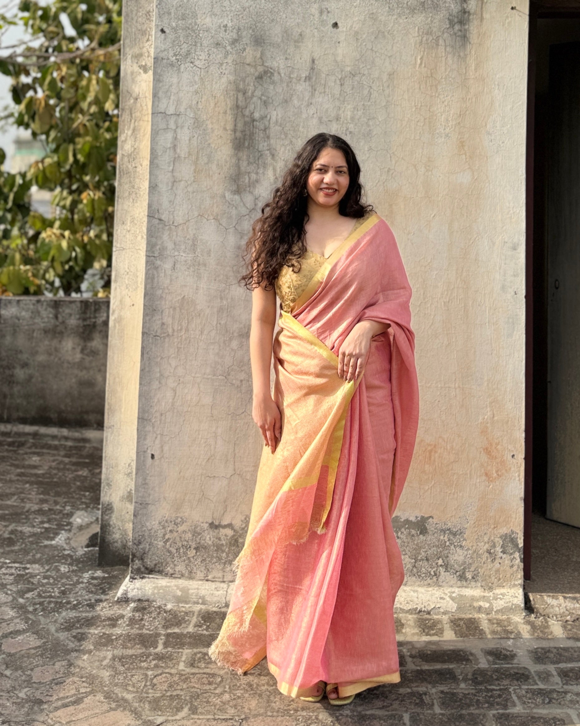 Candy | Blush Pink Tissue Linen Saree