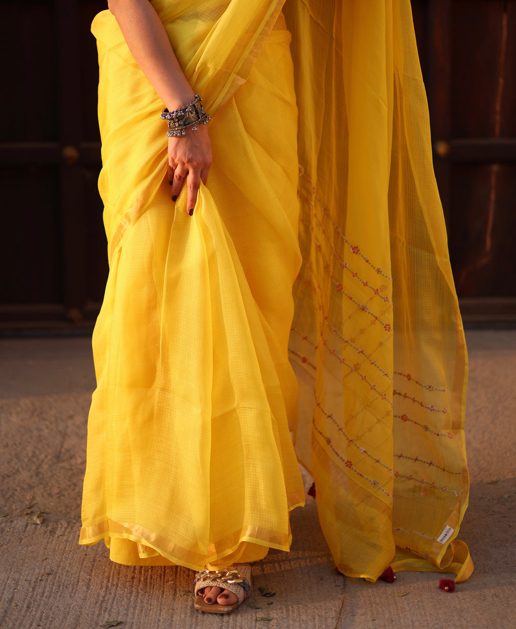 Yellow Embroidered Kota Silk Saree