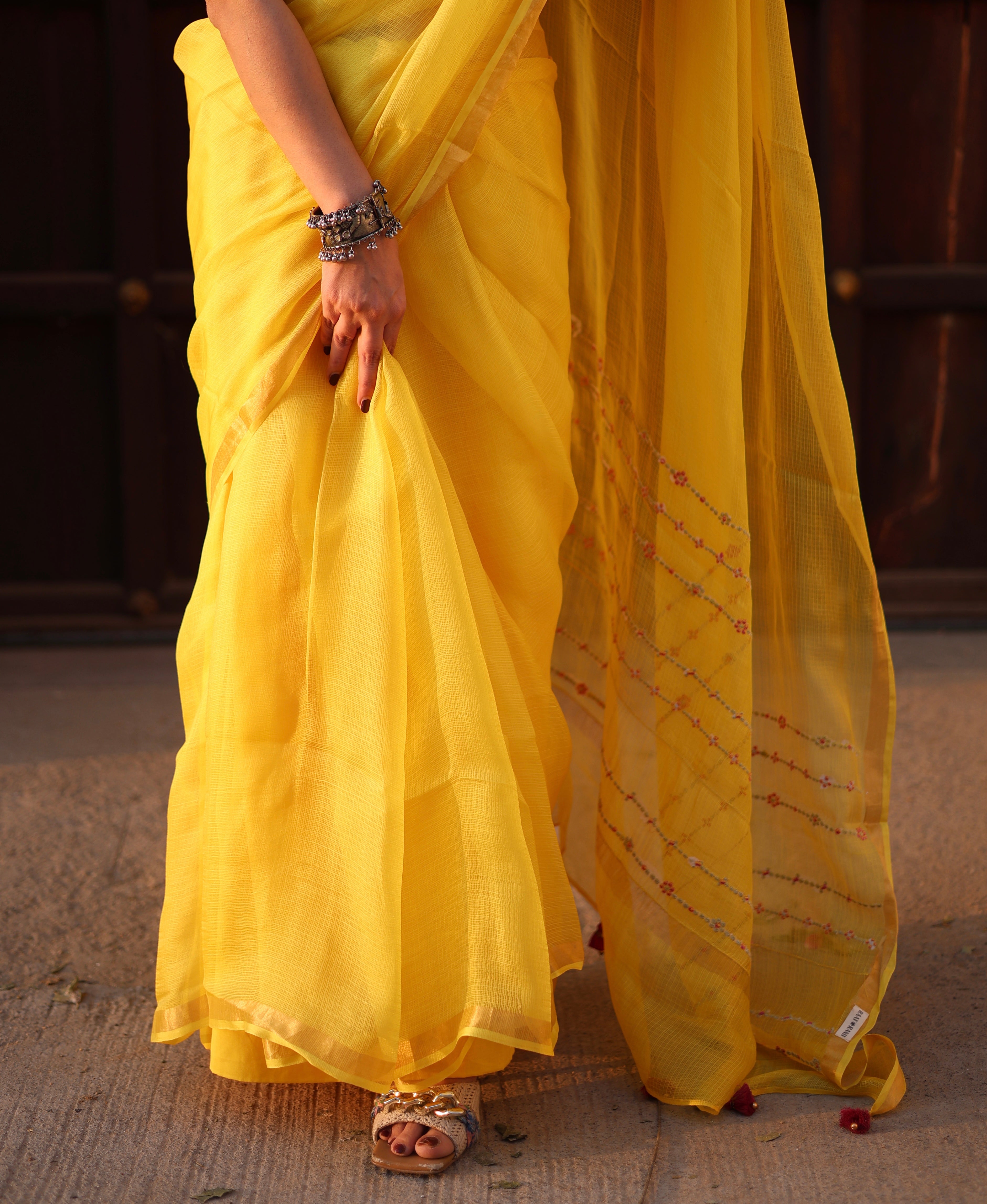 Mehr | Yellow Embroidered Kota Silk Saree