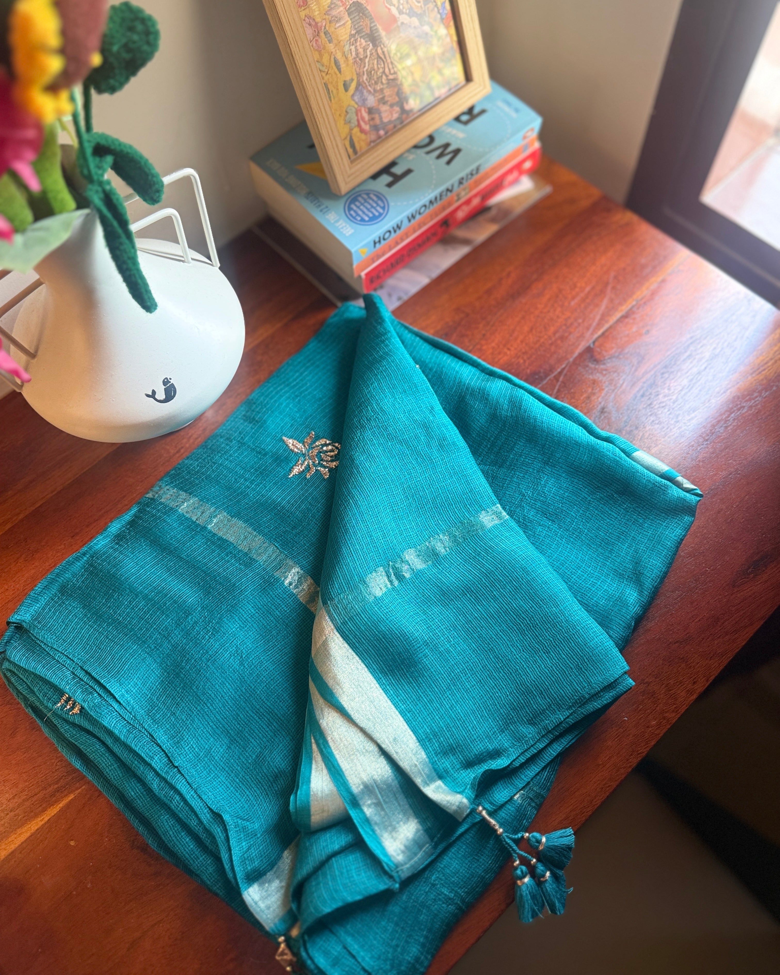 Sharara | Teal Embroidered Kota Silk Saree