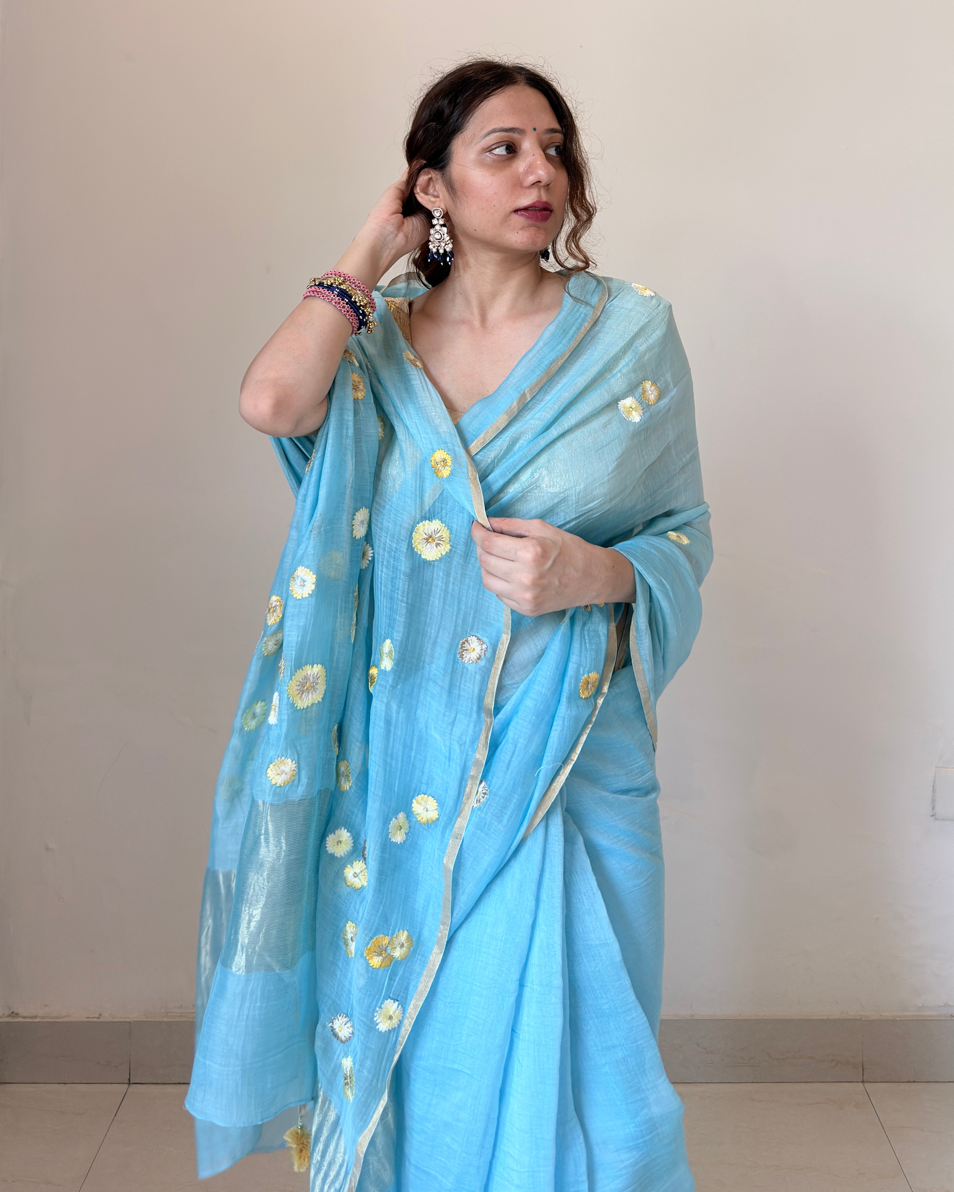Noori | Blue Embroidered Cotton Silk Saree