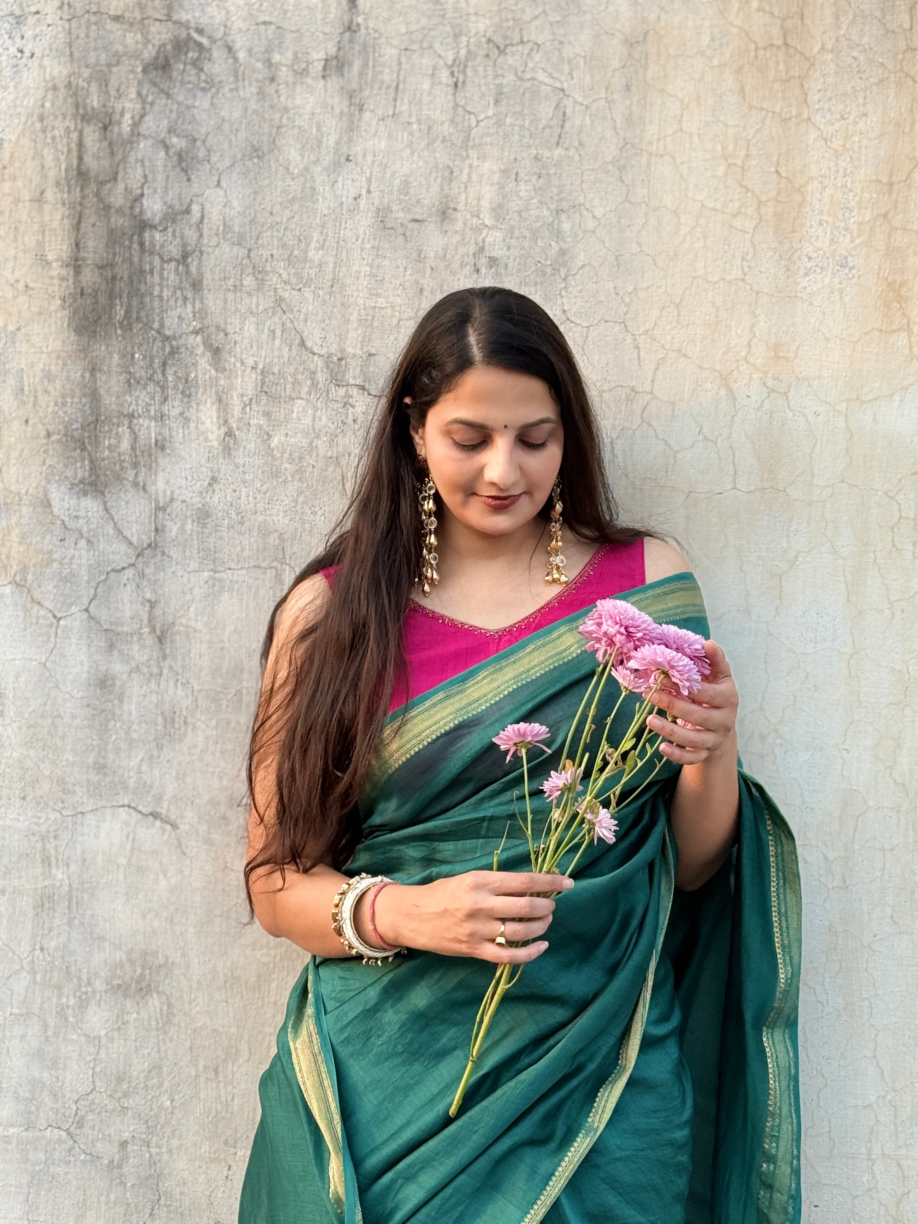 Nazaara | Emerald Green Cotton Silk Saree
