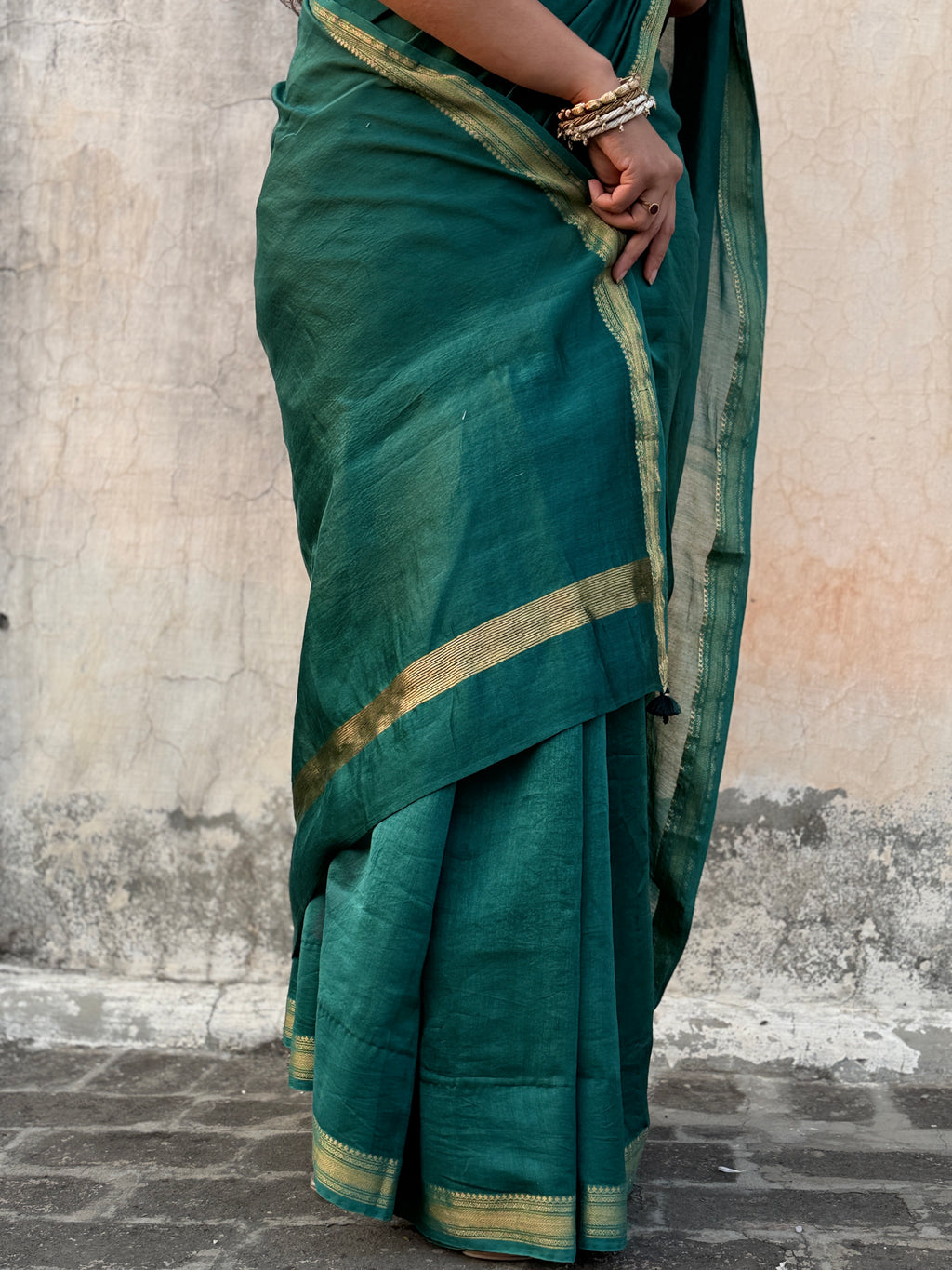 Nazaara | Emerald Green Cotton Silk Saree