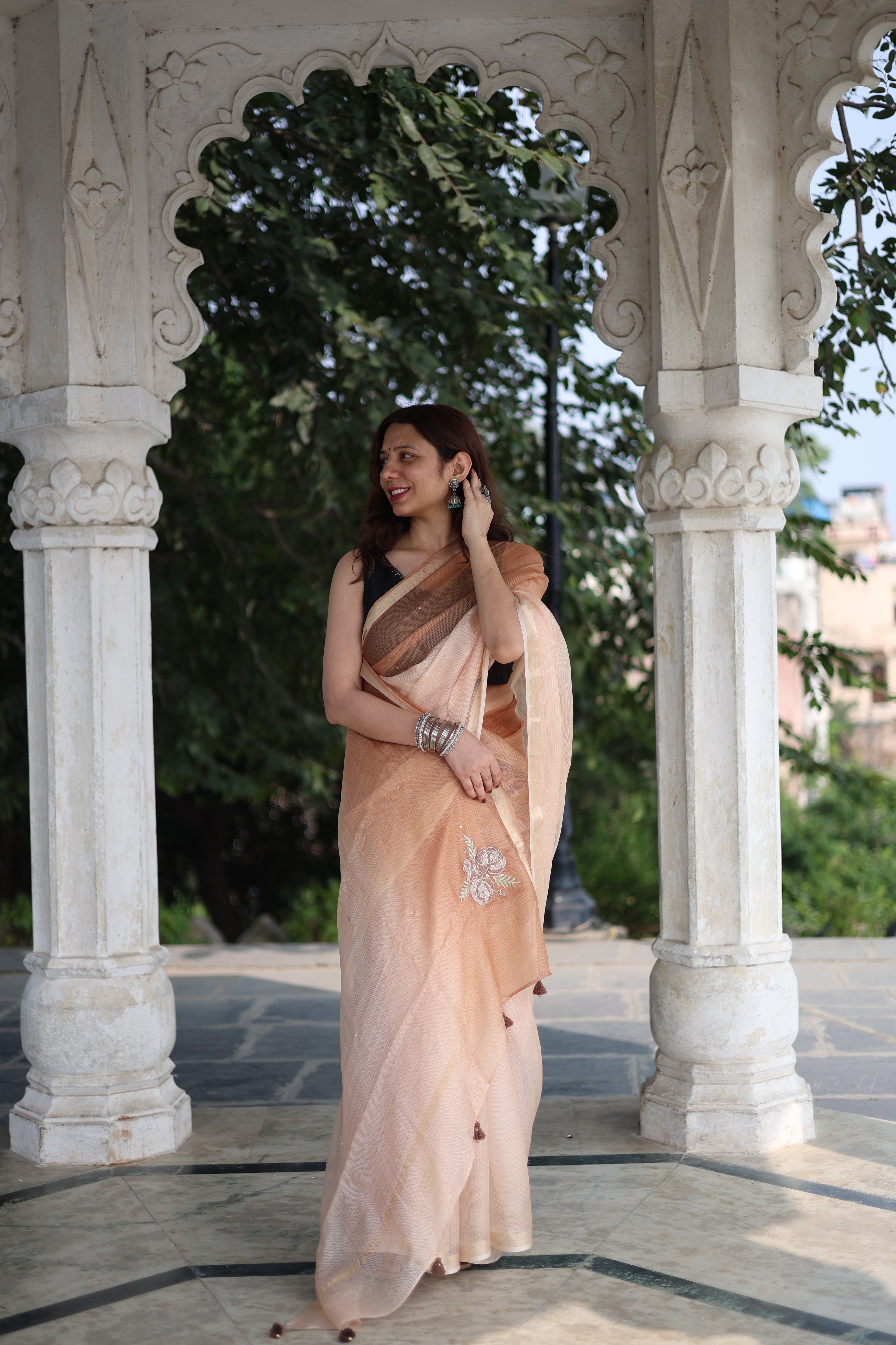 Sitaara | Tan Brown Ombre Embroidered Kota Silk Saree