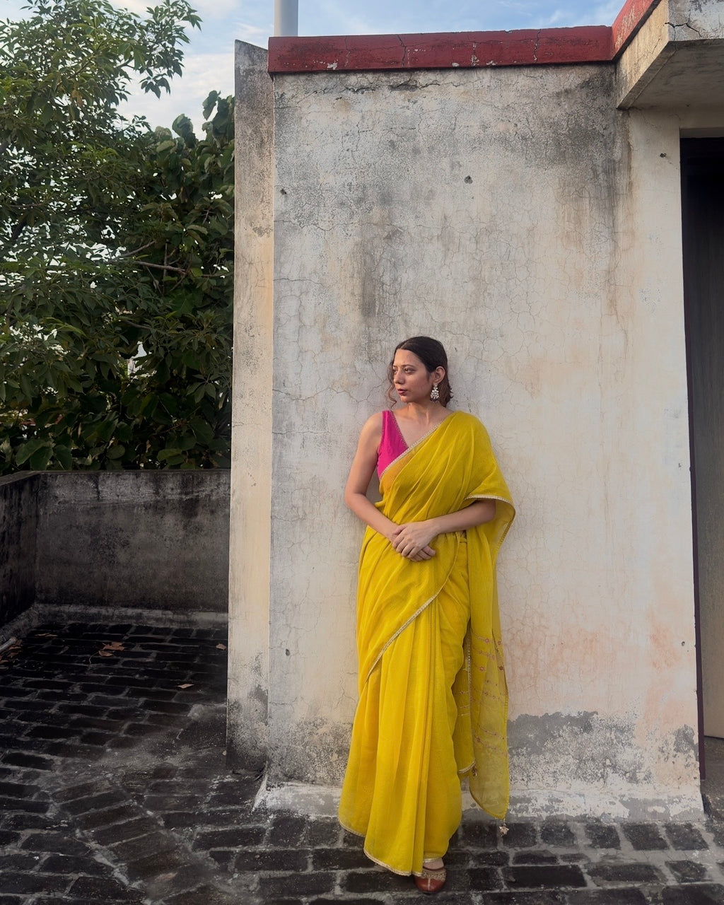 Jhumki | Yellow Embroidered Kota Doria Saree