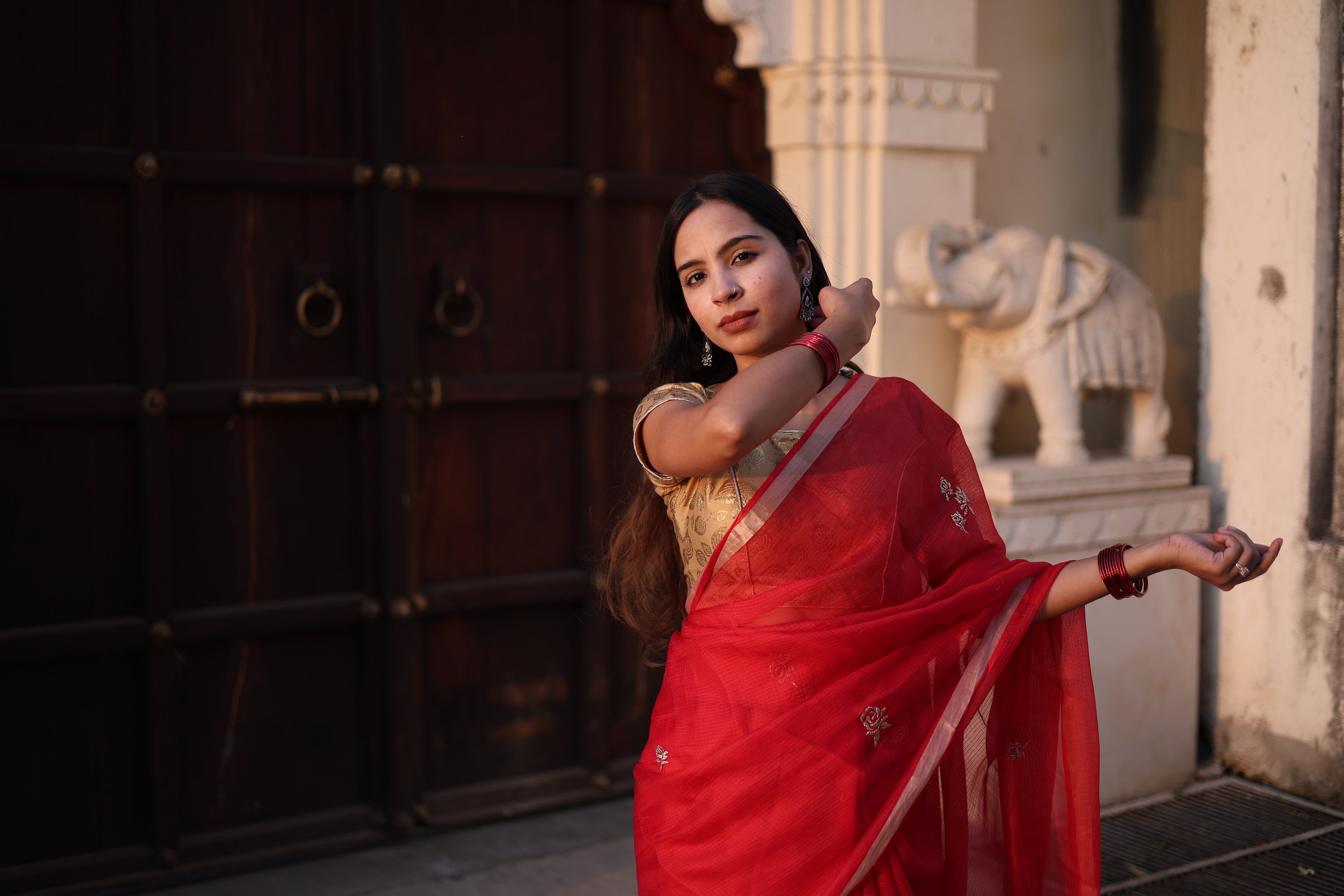Sharara | Red Embroidered Kota Silk Saree