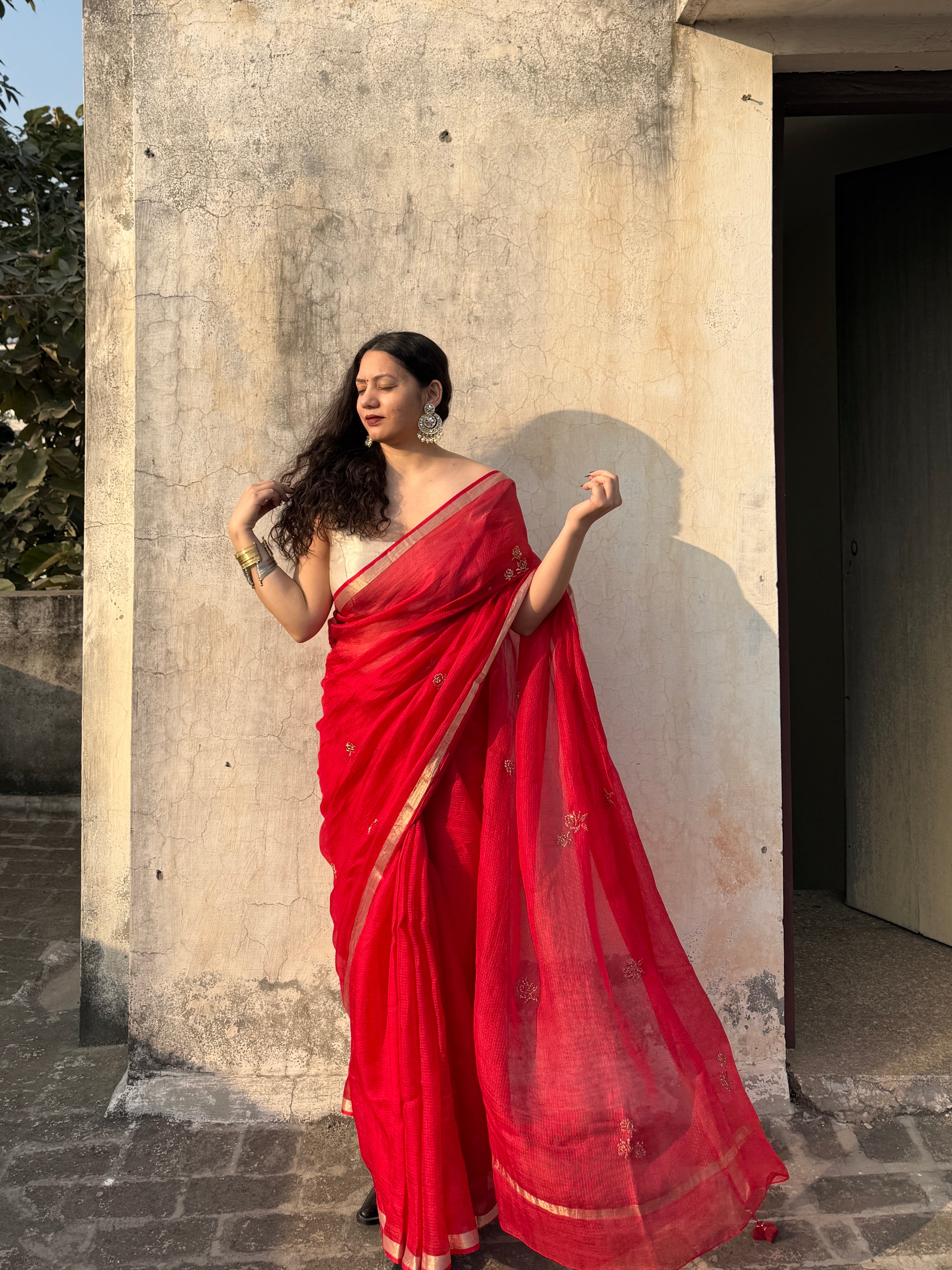 Sharara | Red Embroidered Kota Silk Saree