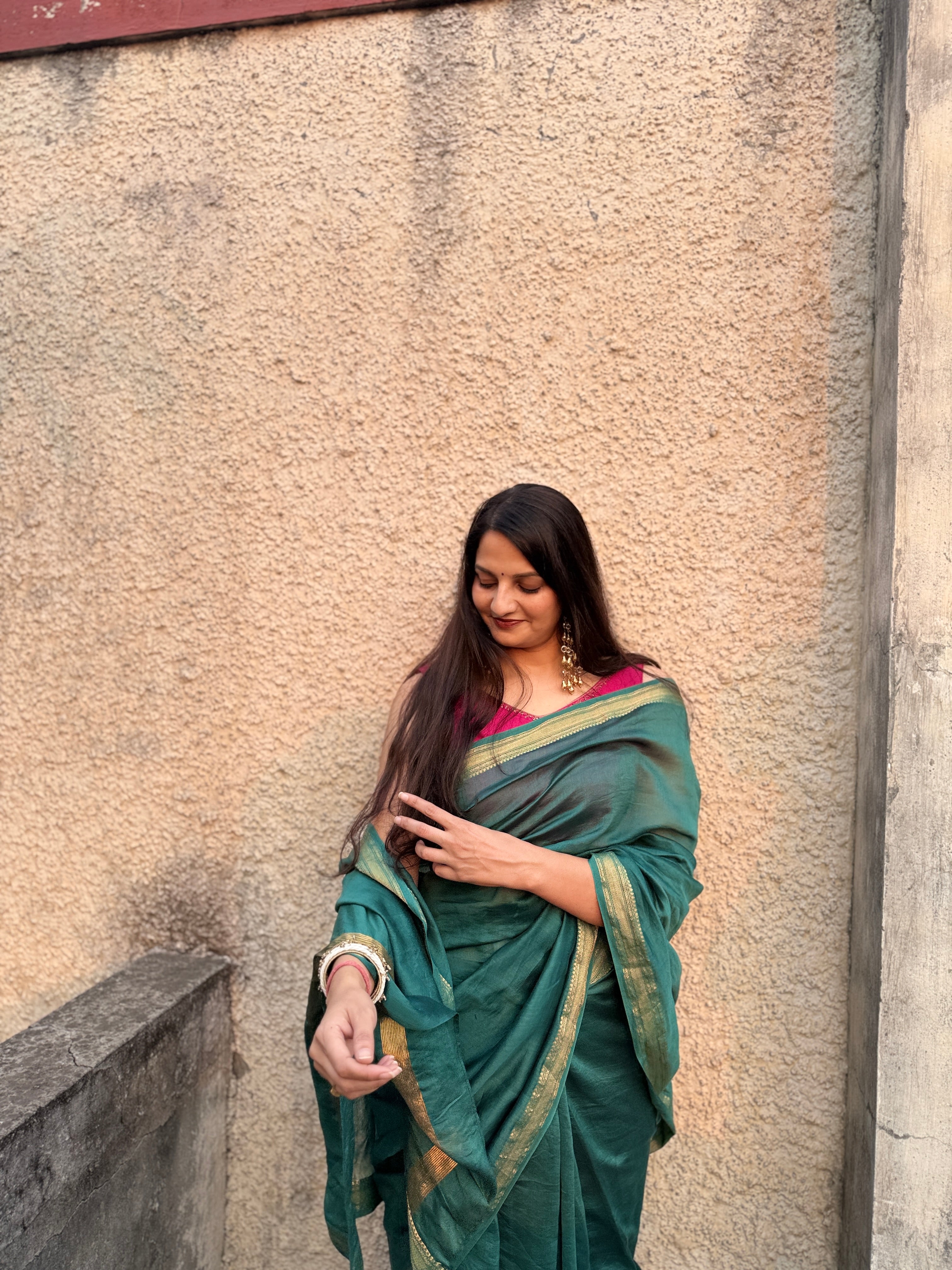 Nazaara | Emerald Green Cotton Silk Saree