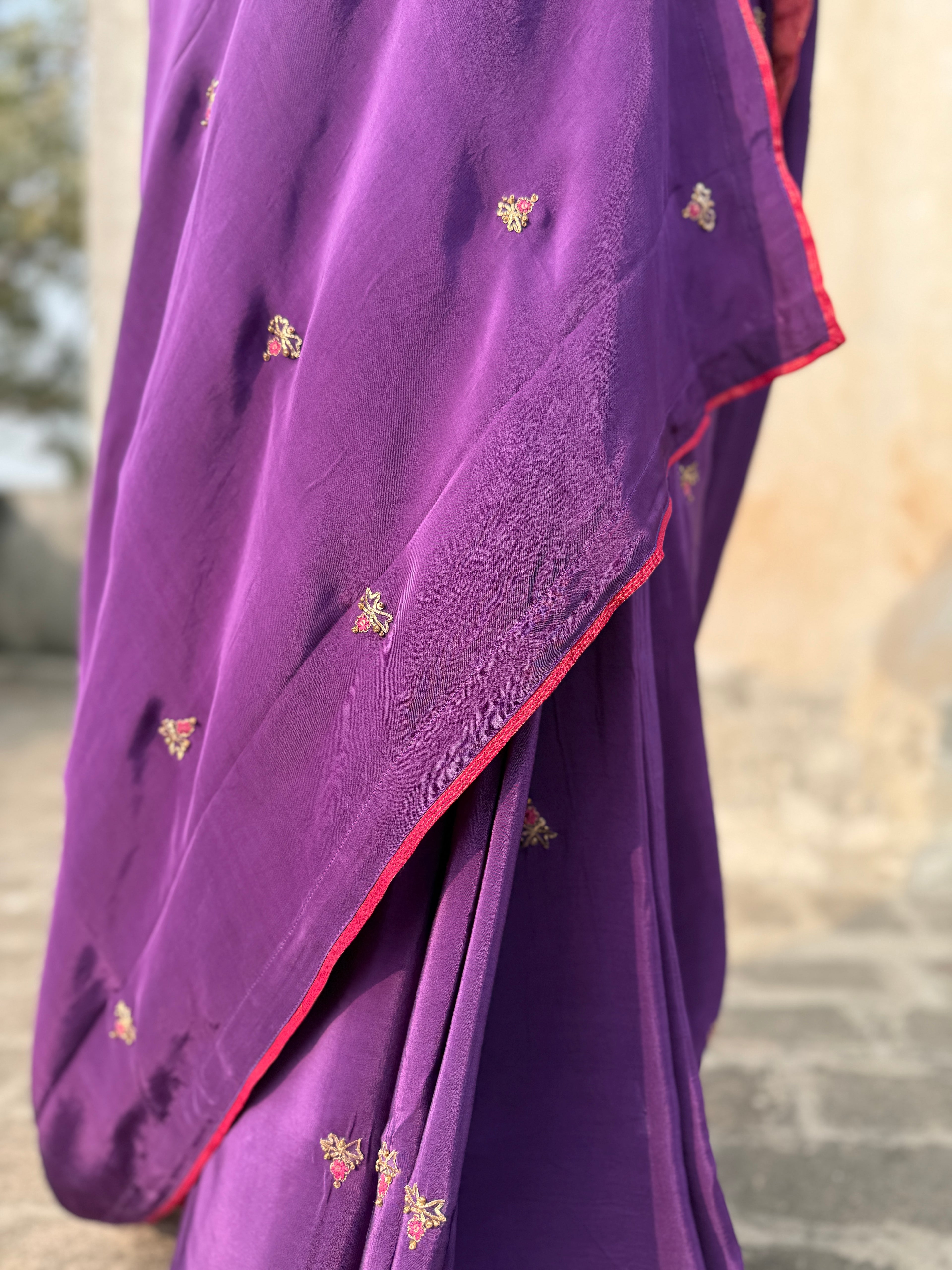 Jamun | Purple Viscose Crepe Hand Embroidered saree