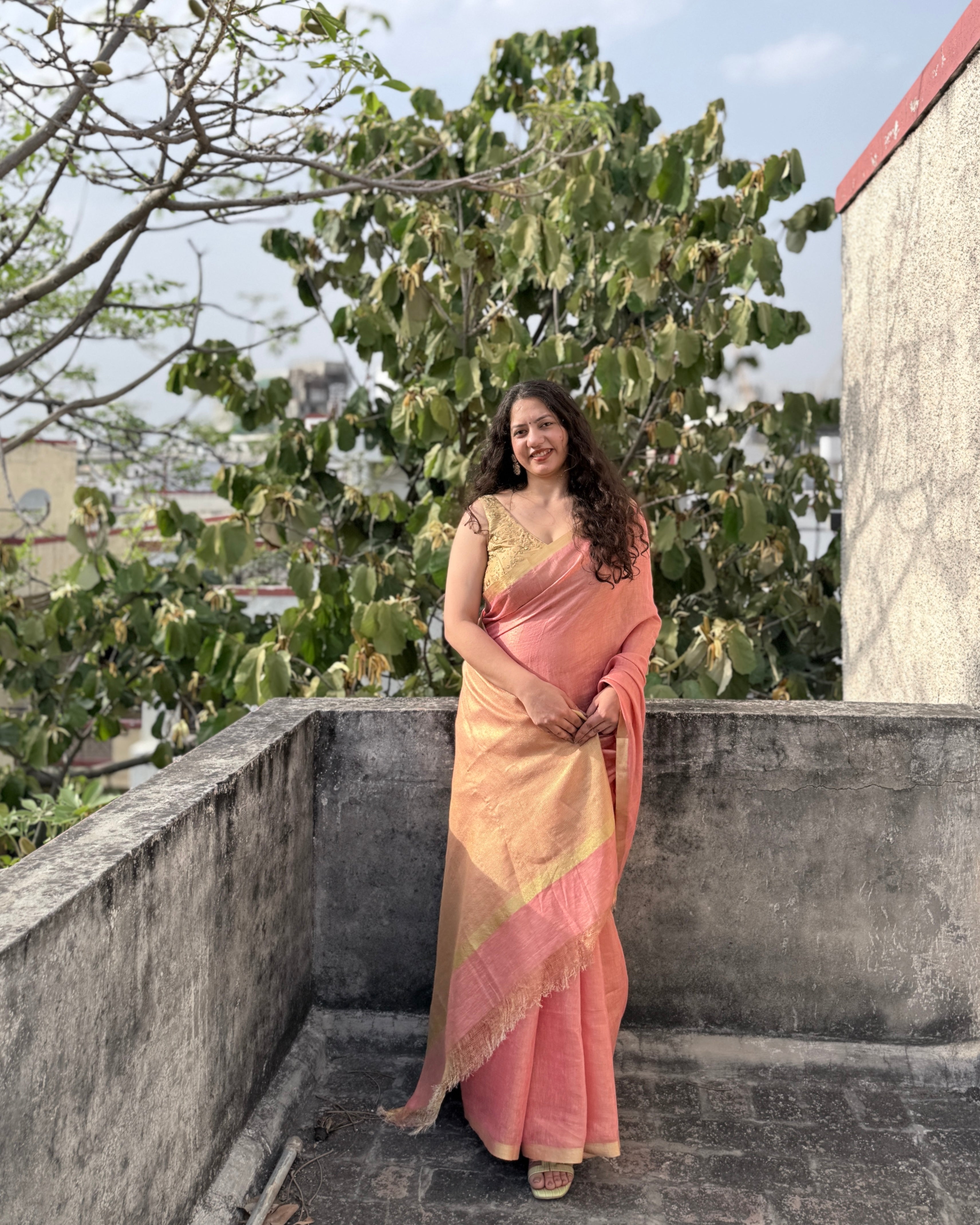 Candy | Blush Pink Tissue Linen Saree