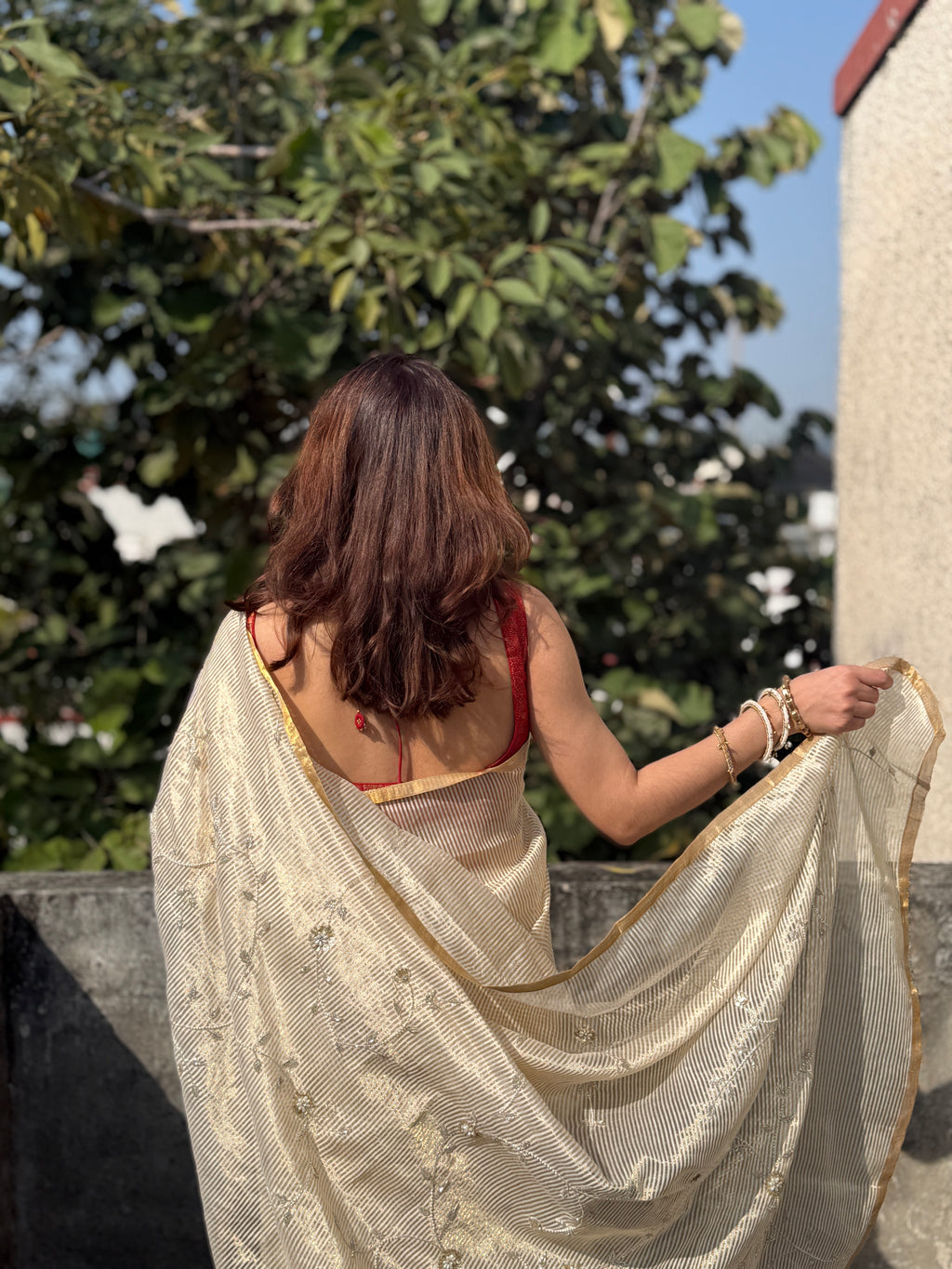 Sunehri | Ivory Golden Viscose Organza & Silk Zari saree