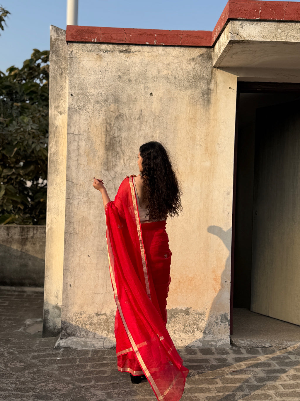 Sharara | Red Embroidered Kota Silk Saree