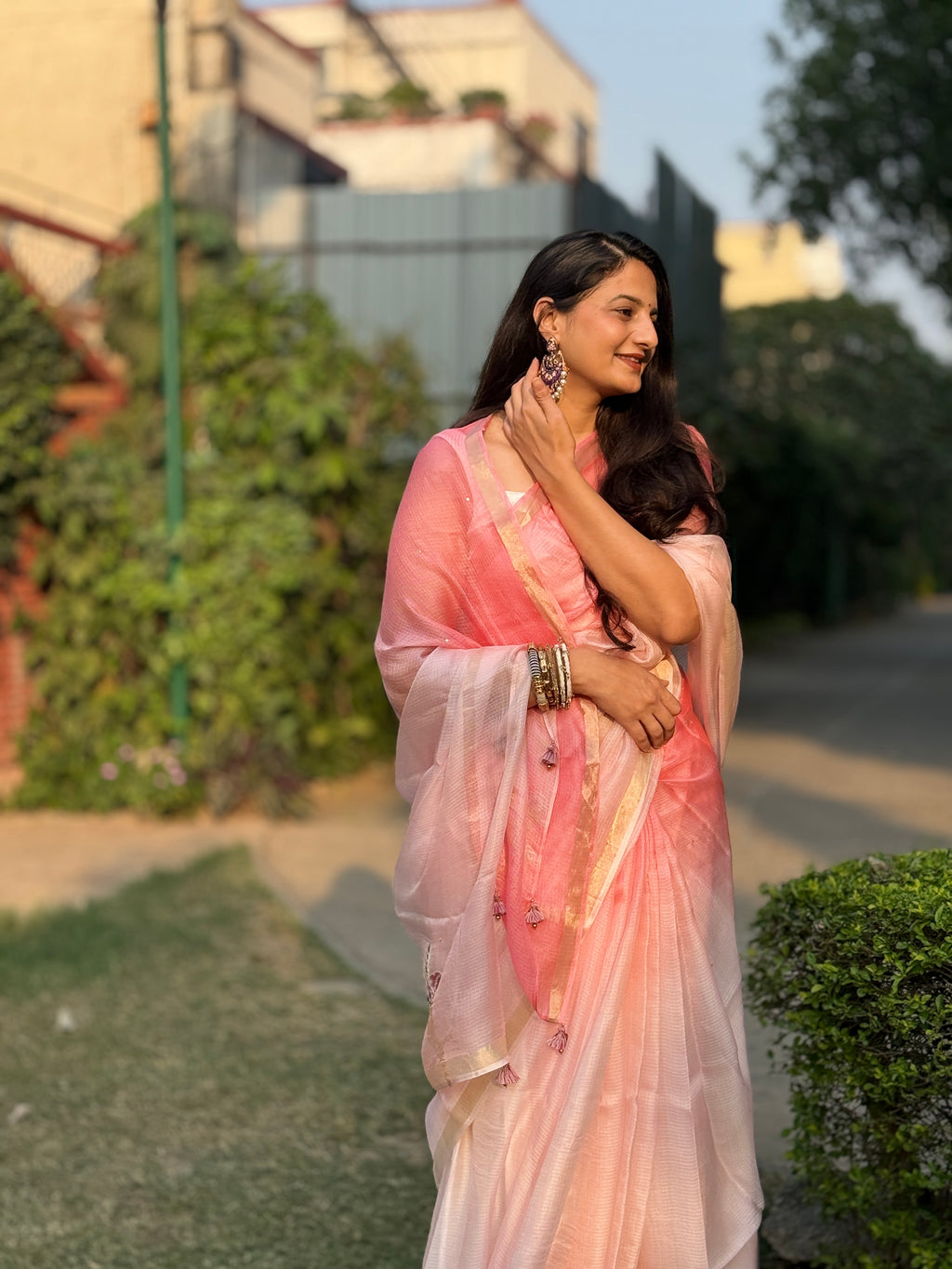 Sitaara | Pink Ombre Embroidered Kota Silk Saree