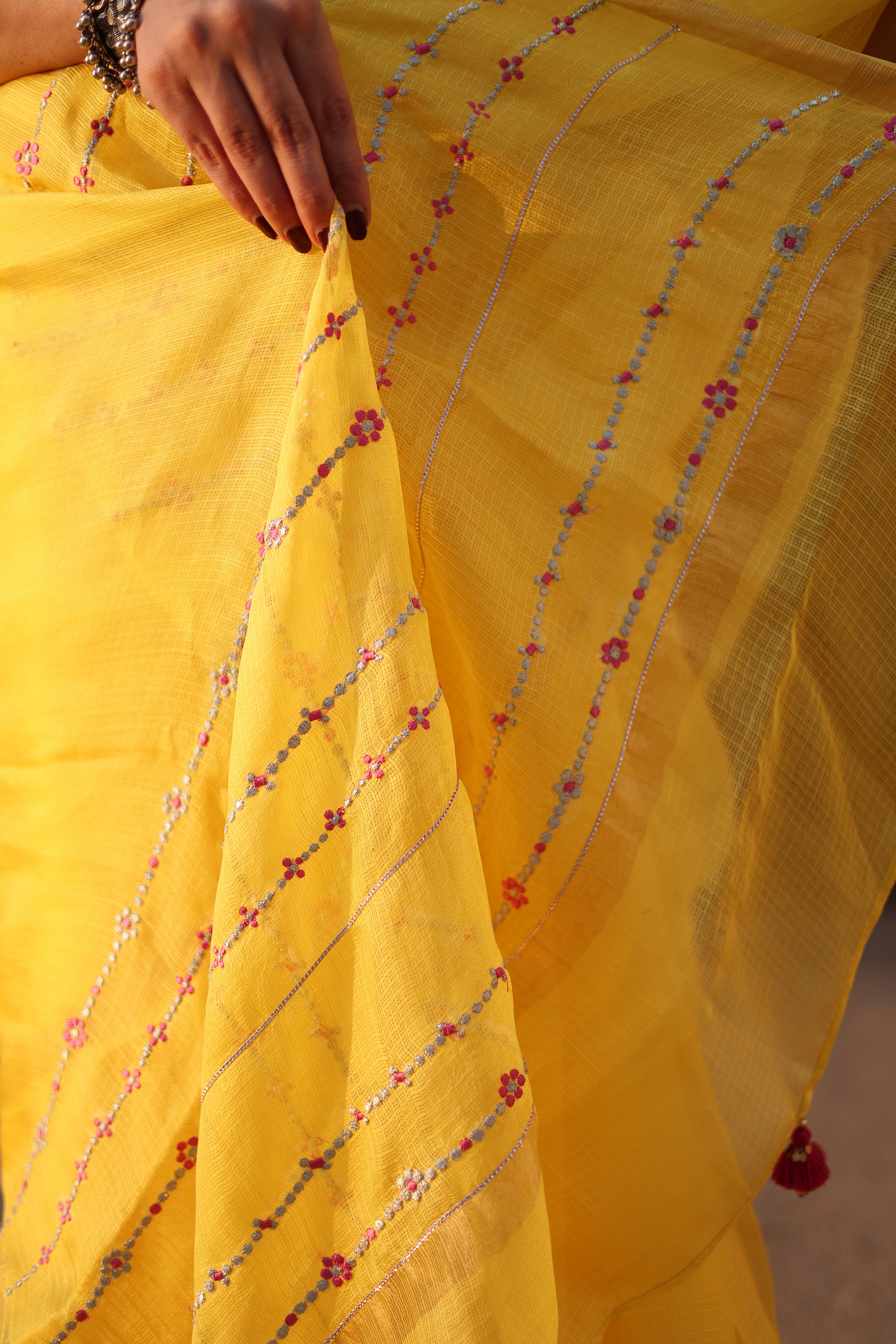 Mehr | Yellow Embroidered Kota Silk Saree