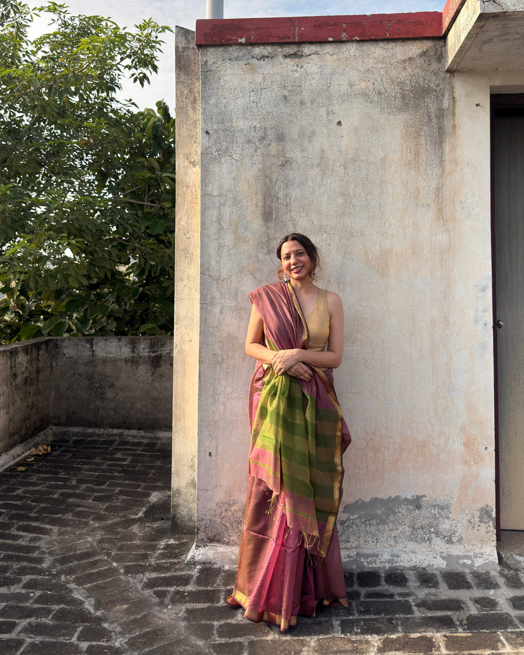 Kishmish | Pink Maheshwari Checks Saree