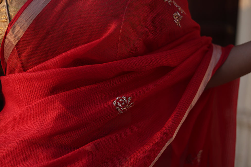 Sharara | Red Embroidered Kota Silk Saree
