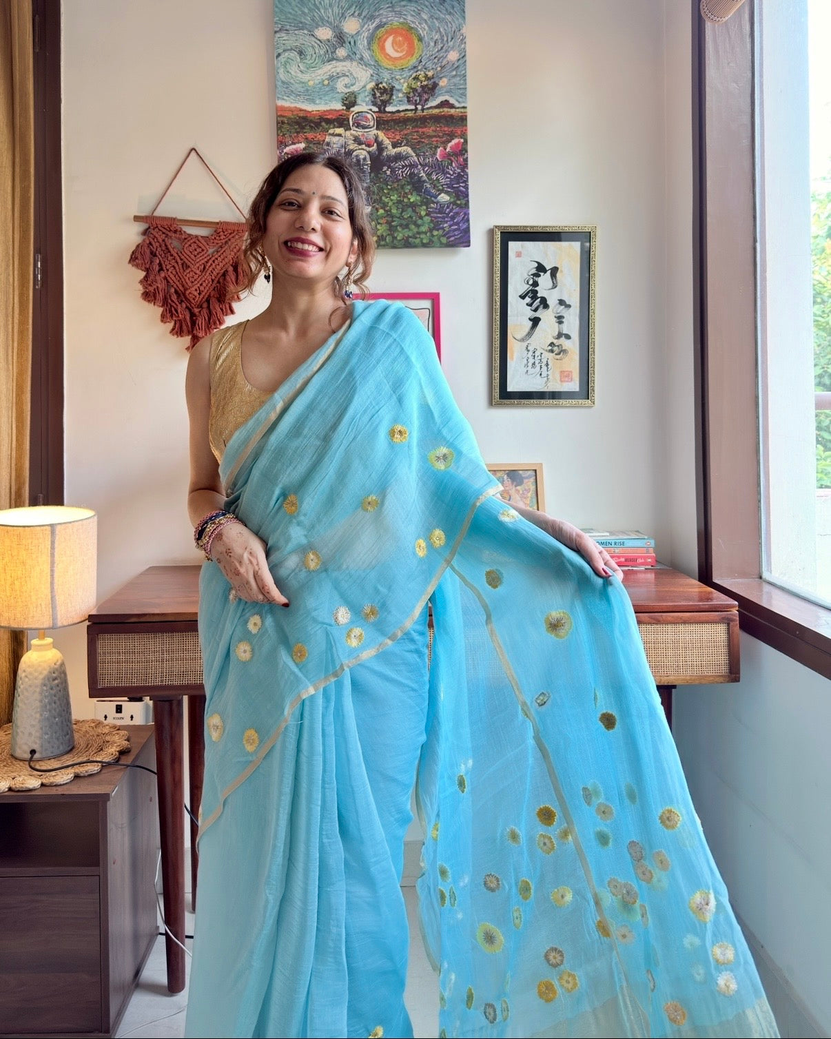 Noori | Blue Embroidered Cotton Silk Saree