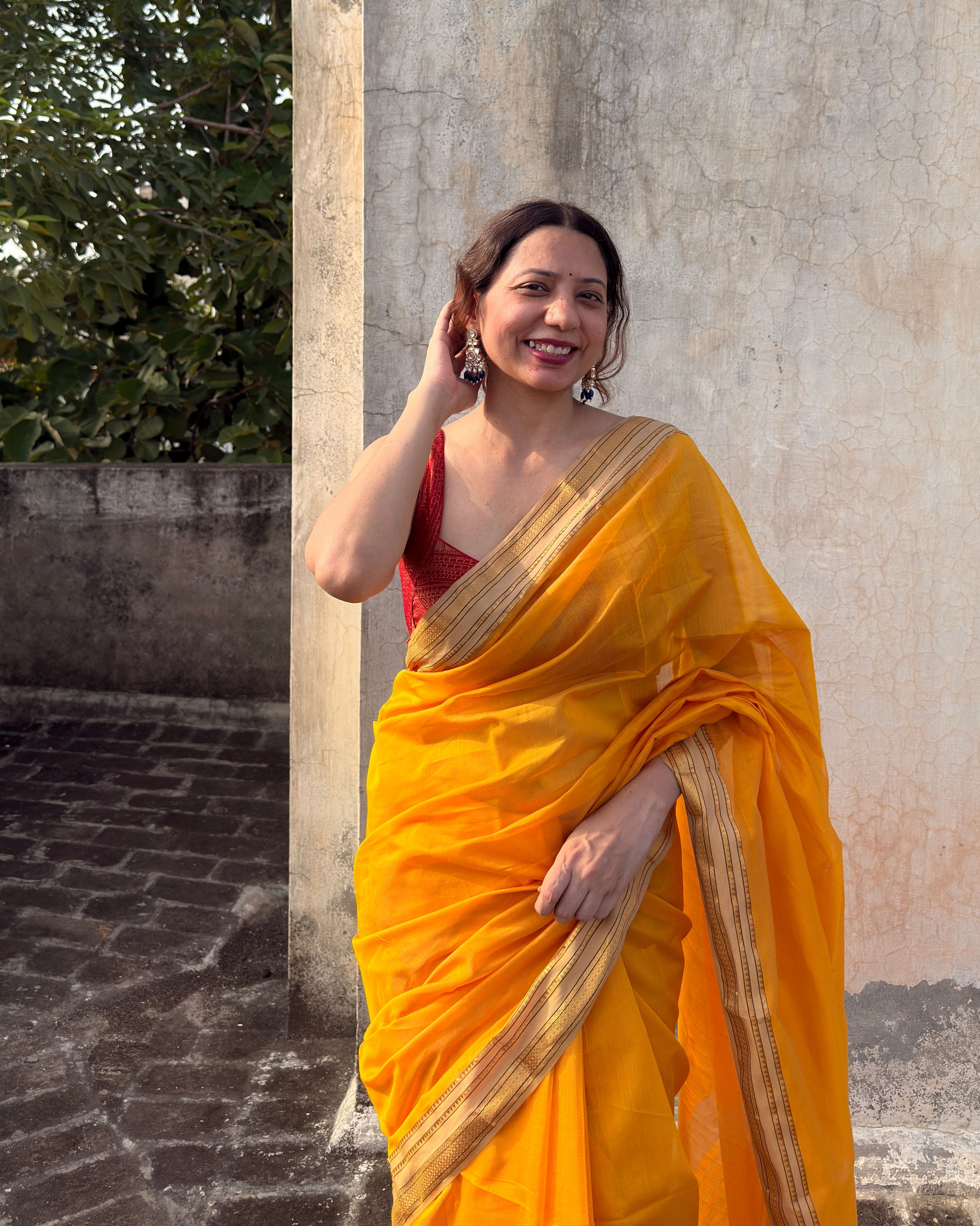 Nimrat | Haldi Yellow Maheshwari Saree