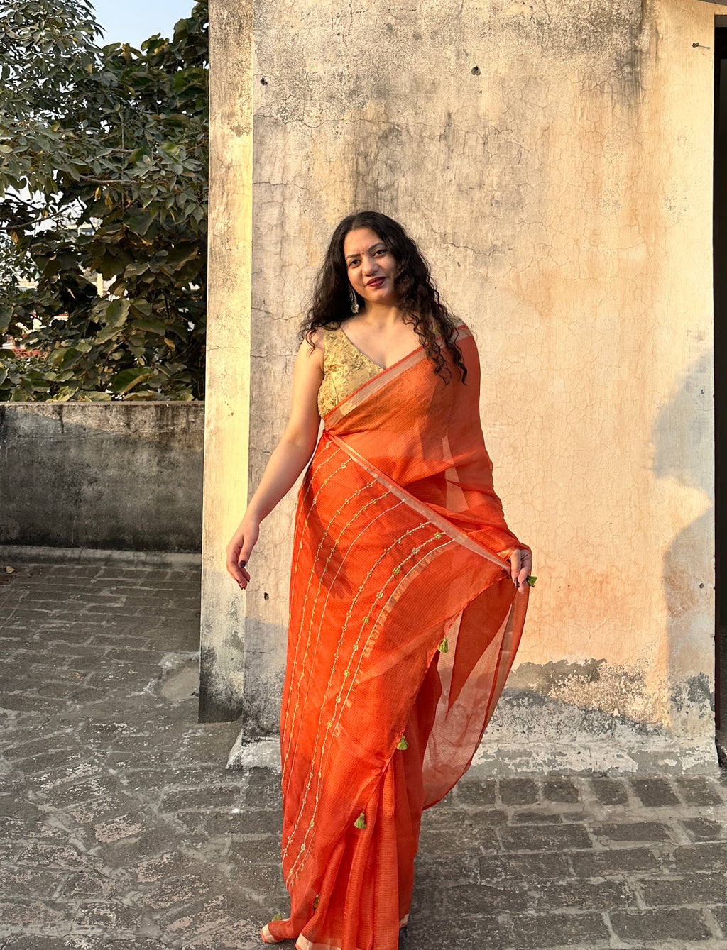 Mehr | Orange Embroidered Kota Silk Saree