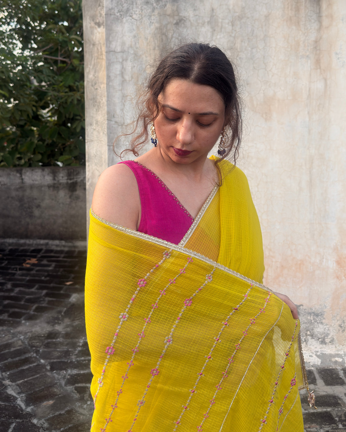Jhumki | Yellow Embroidered Kota Doria Saree