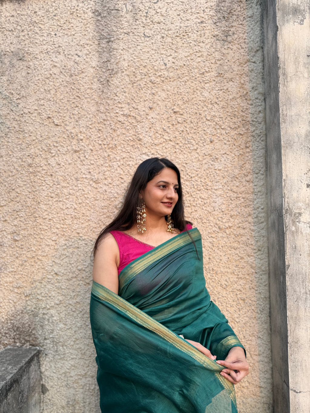 Nazaara | Emerald Green Cotton Silk Saree
