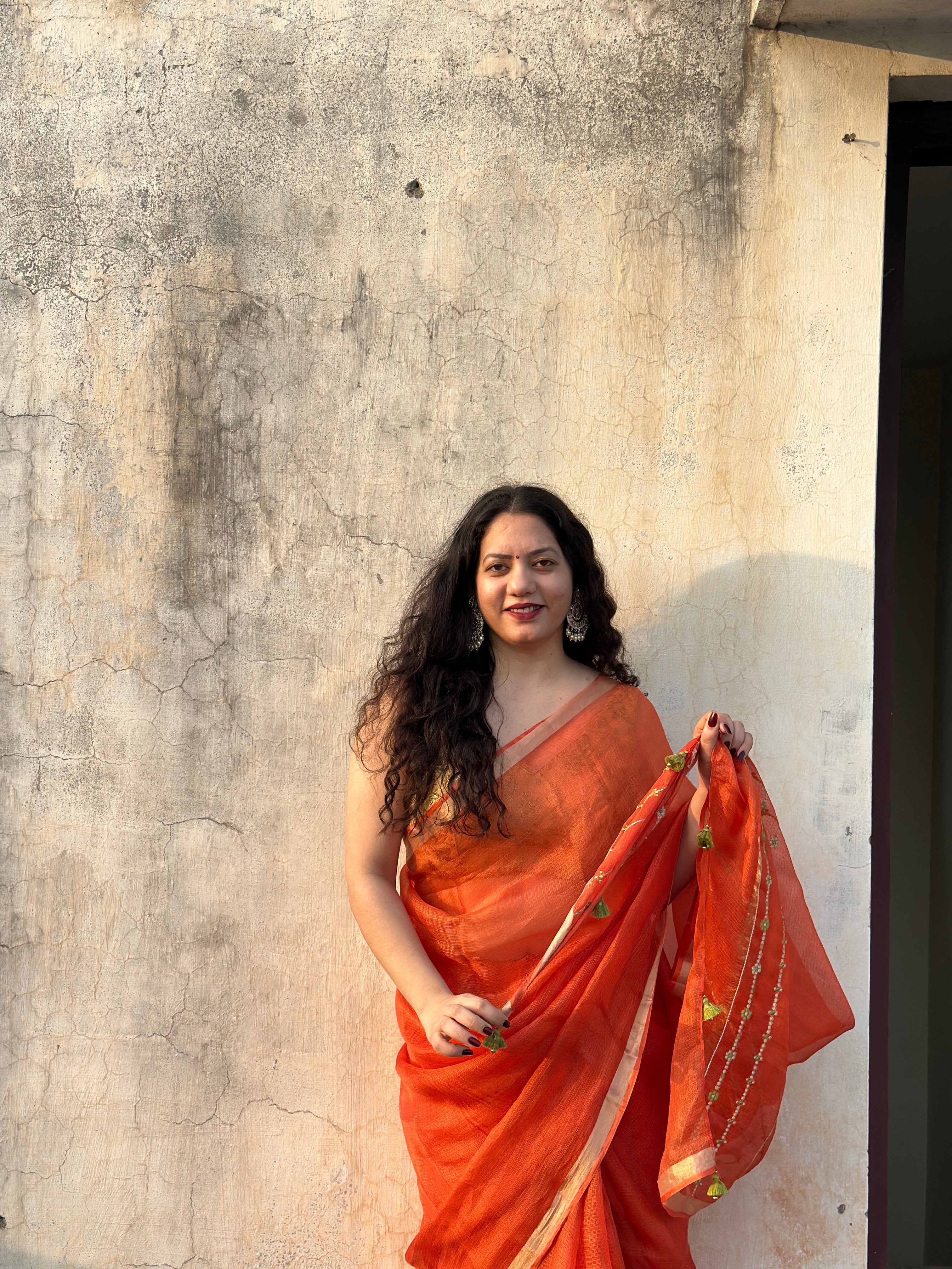 Mehr | Orange Embroidered Kota Silk Saree