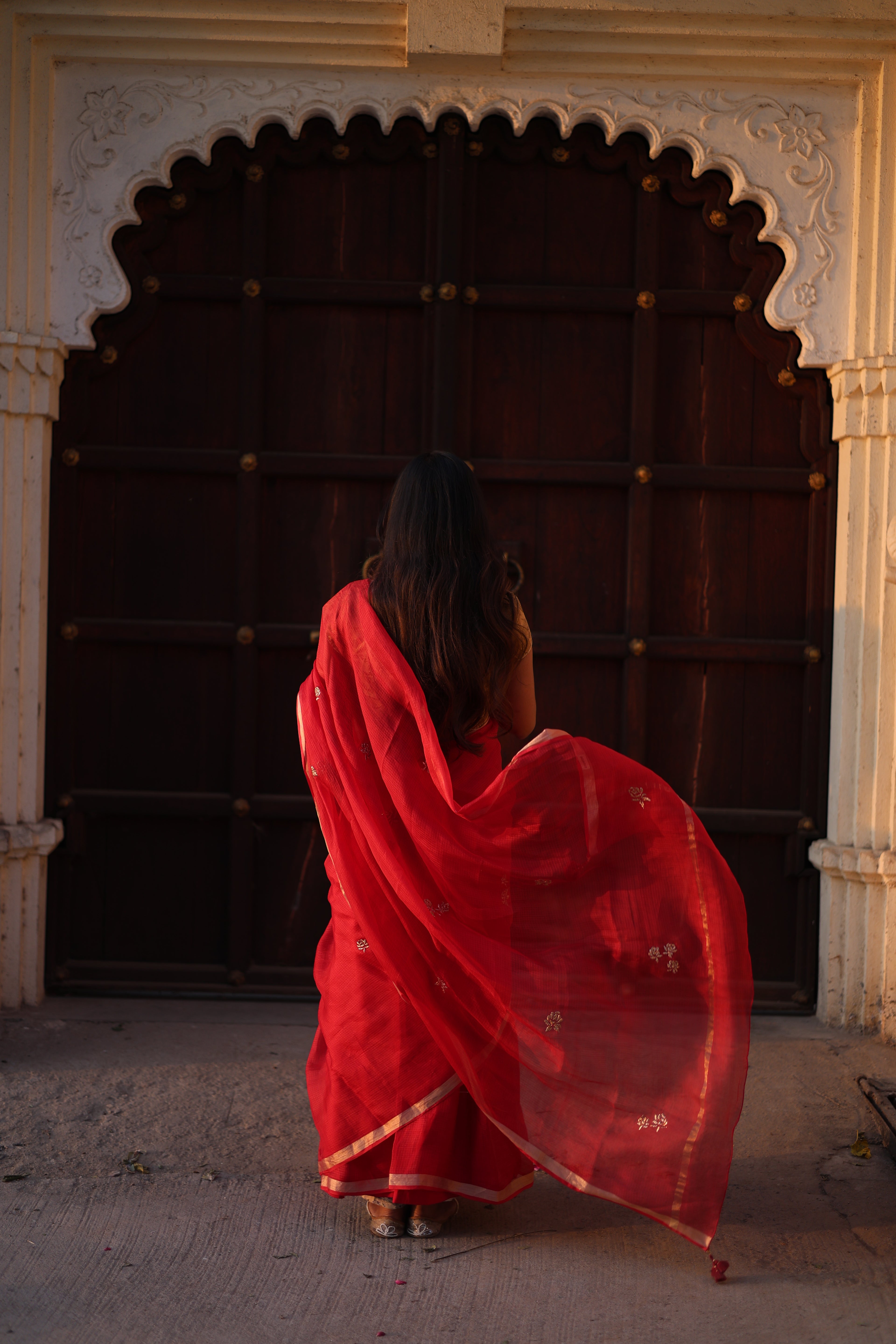 Sharara | Red Embroidered Kota Silk Saree
