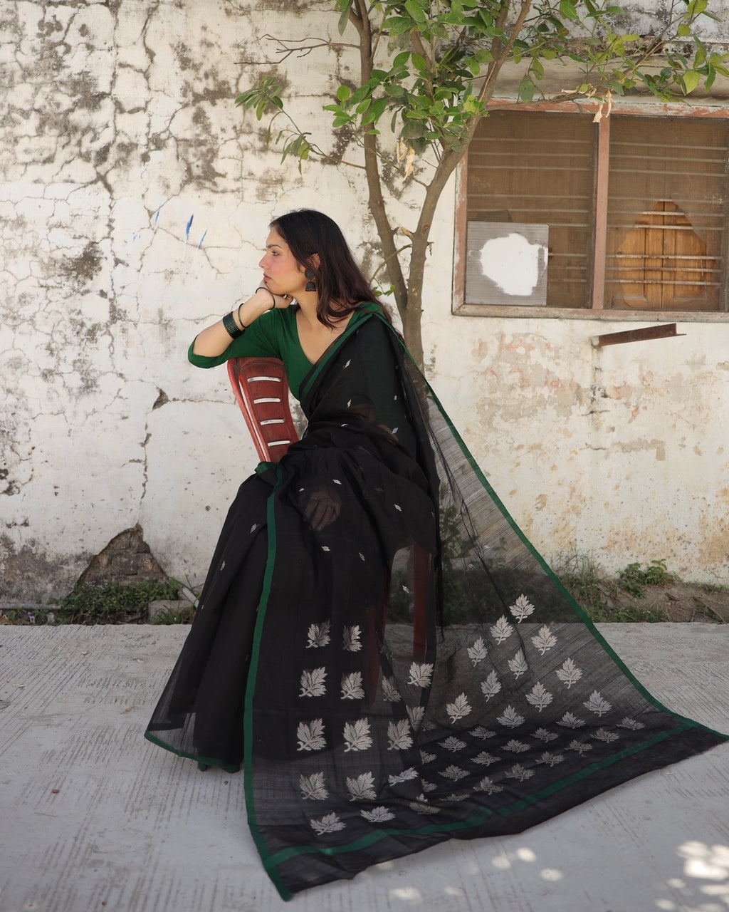 Chinar | Black Chanderi Saree with Silver Booti