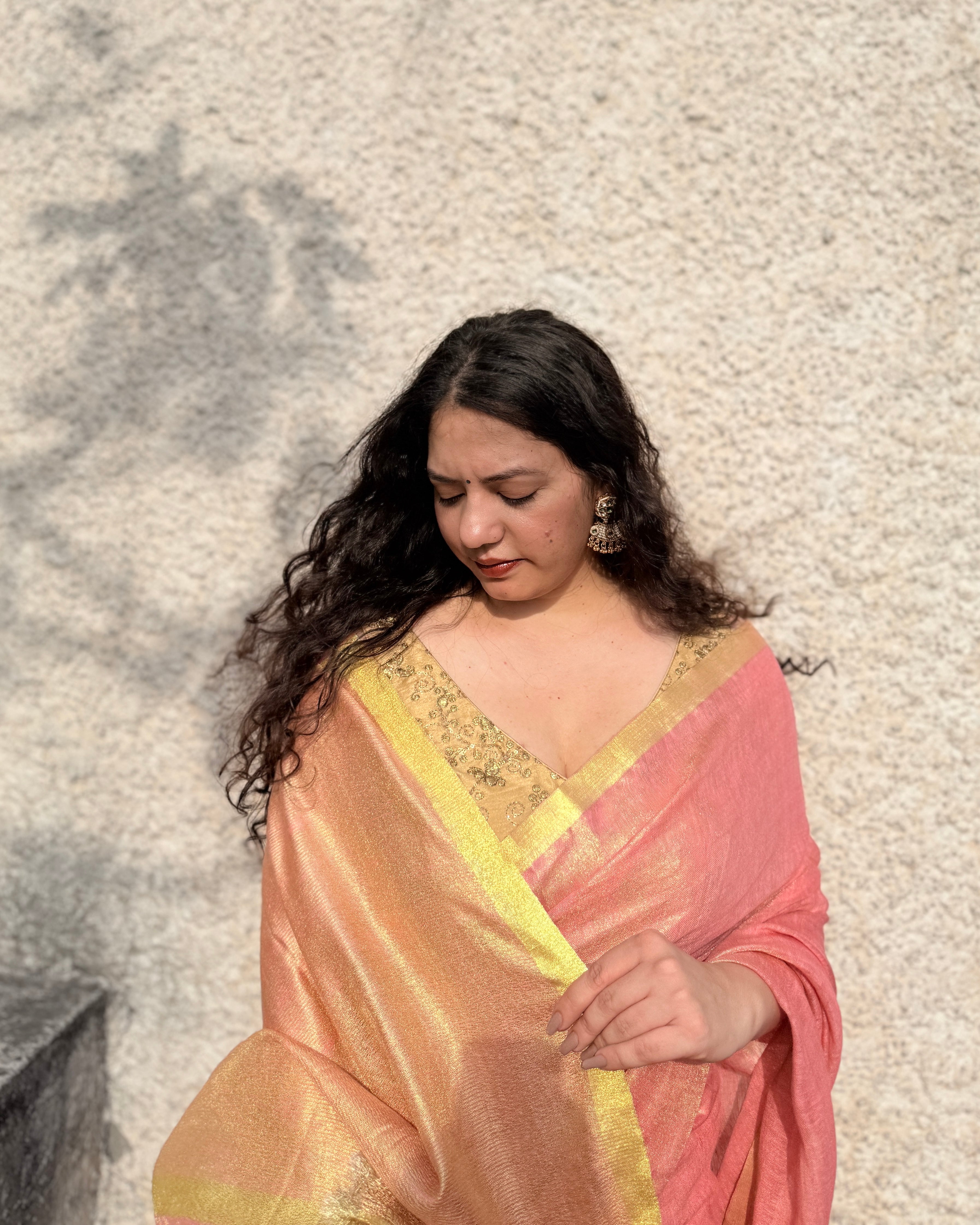 Candy | Blush Pink Tissue Linen Saree