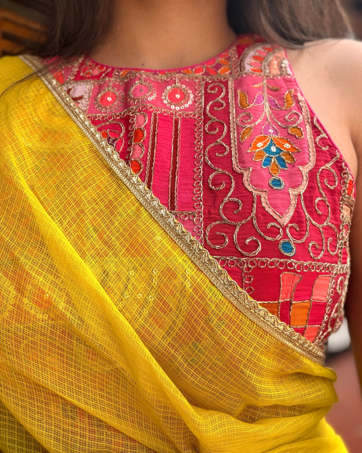 Jhumki | Yellow Embroidered Kota Doria Saree